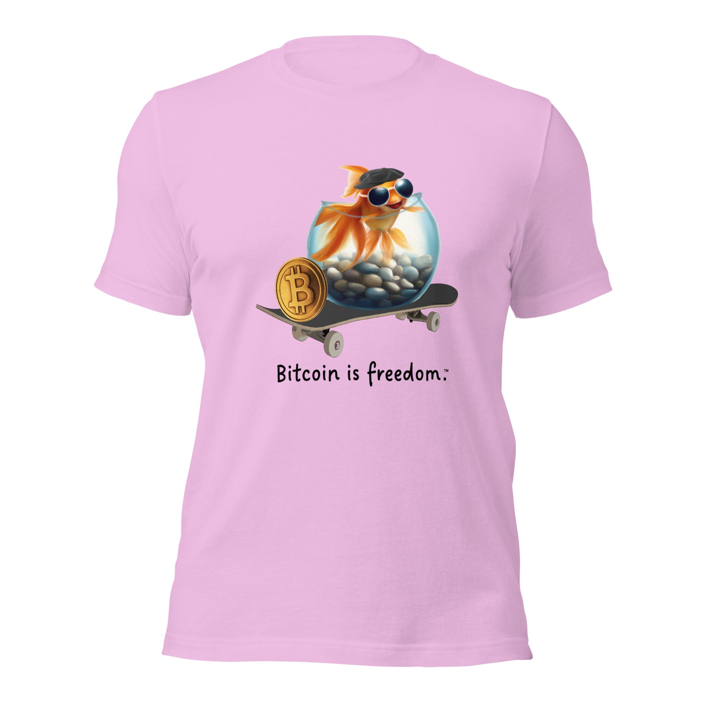 Women’s lilac pink color Bitcoin t-shirt with a Happy Goldfish graphic and the ‘Bitcoin is freedom’ slogan printed on the front side of the shirt.