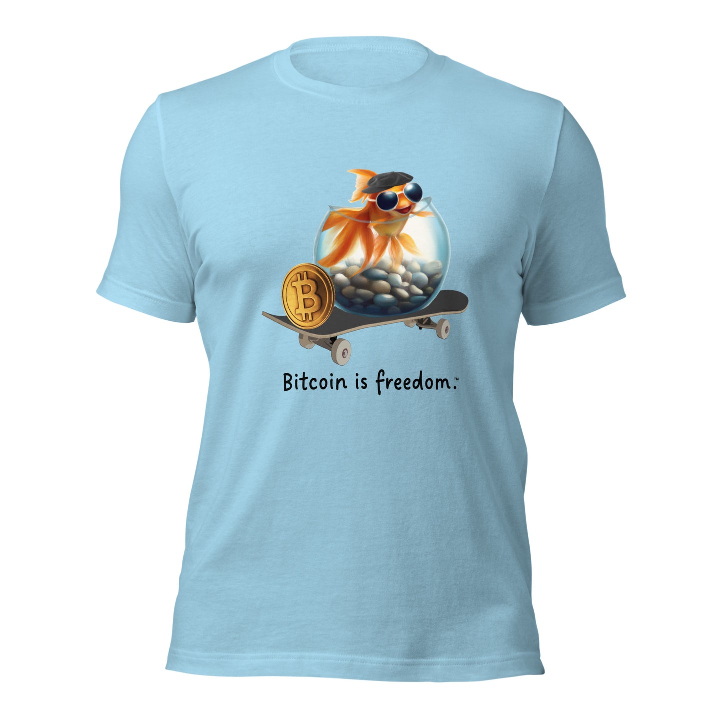 Women’s ocean blue color Bitcoin t-shirt with a Happy Goldfish graphic and the ‘Bitcoin is freedom’ slogan printed on the front side of the shirt.