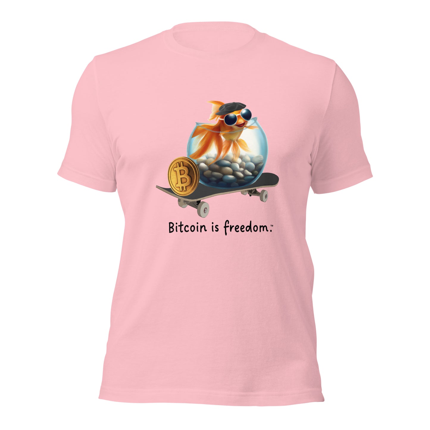 Women’s pink color Bitcoin t-shirt with a Happy Goldfish graphic and the ‘Bitcoin is freedom’ slogan printed on the front side of the shirt.