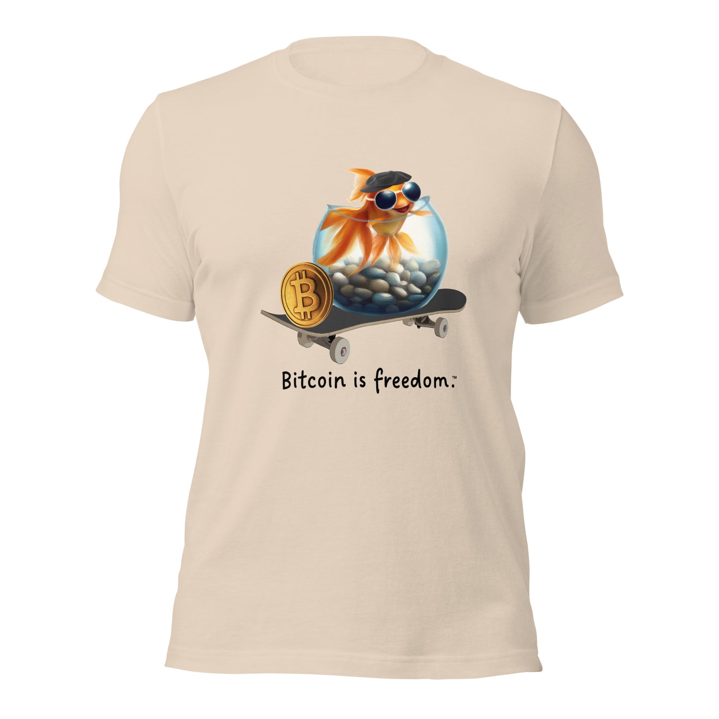 Women’s soft cream color Bitcoin t-shirt with a Happy Goldfish graphic and the ‘Bitcoin is freedom’ slogan printed on the front side of the shirt.
