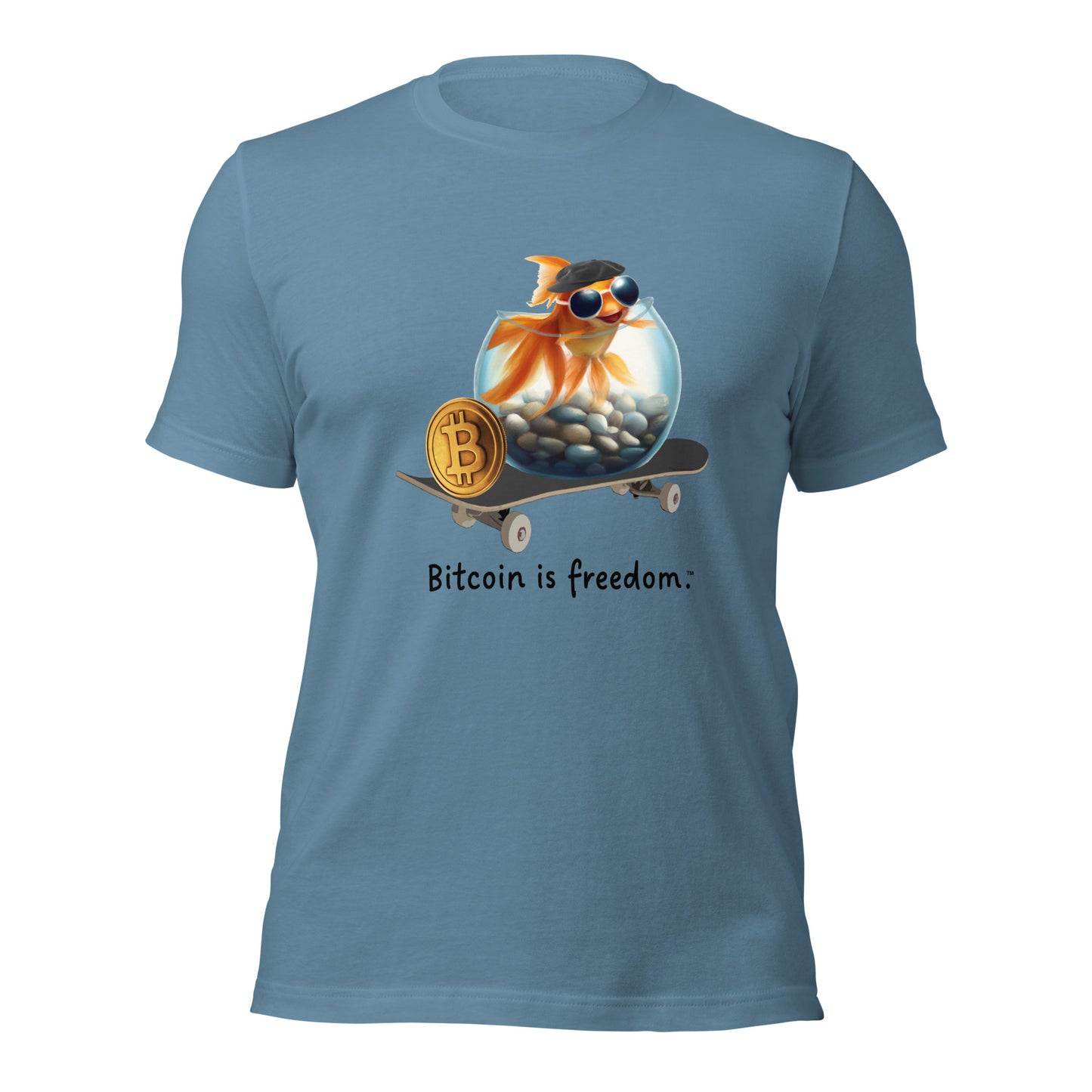 Women’s steel blue color Bitcoin t-shirt with a Happy Goldfish graphic and the ‘Bitcoin is freedom’ slogan printed on the front side of the shirt.