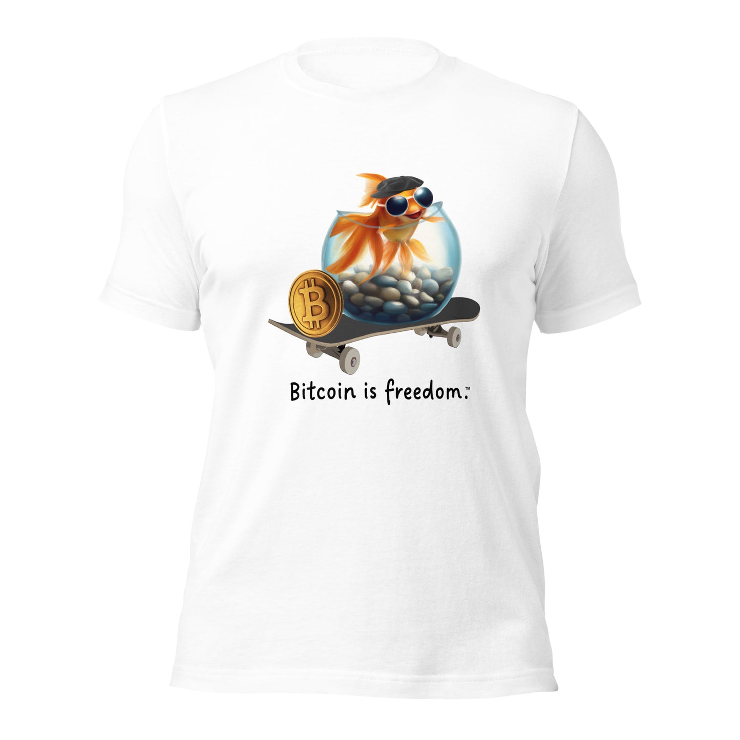 Women’s white color Bitcoin t-shirt with a Happy Goldfish graphic and the ‘Bitcoin is freedom’ slogan printed on the front side of the shirt.