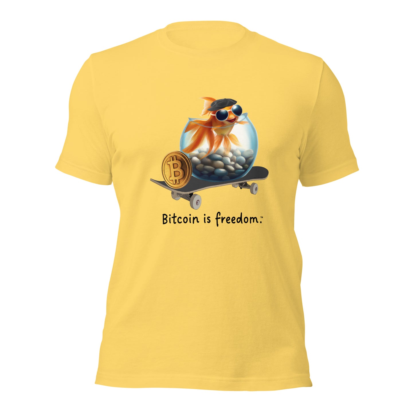 Women’s yellow color Bitcoin t-shirt with a Happy Goldfish graphic and the ‘Bitcoin is freedom’ slogan printed on the front side of the shirt.