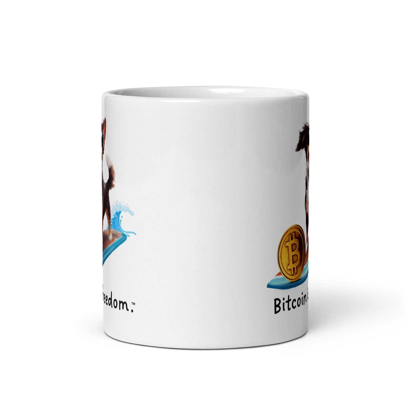 "Bitcoin is freedom" Happy Dog Surfing White Glossy Mug