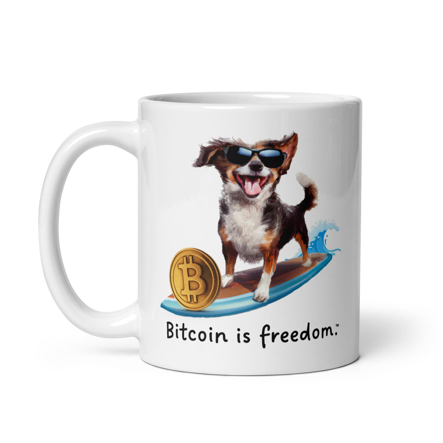 "Bitcoin is freedom" Happy Dog Surfing White Glossy Mug