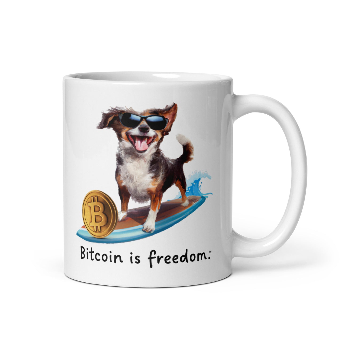 "Bitcoin is freedom" Happy Dog Surfing White Glossy Mug