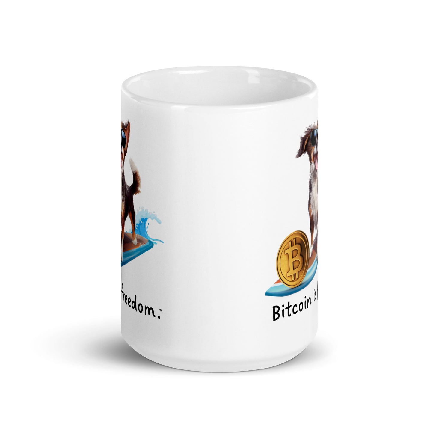 "Bitcoin is freedom" Happy Dog Surfing White Glossy Mug