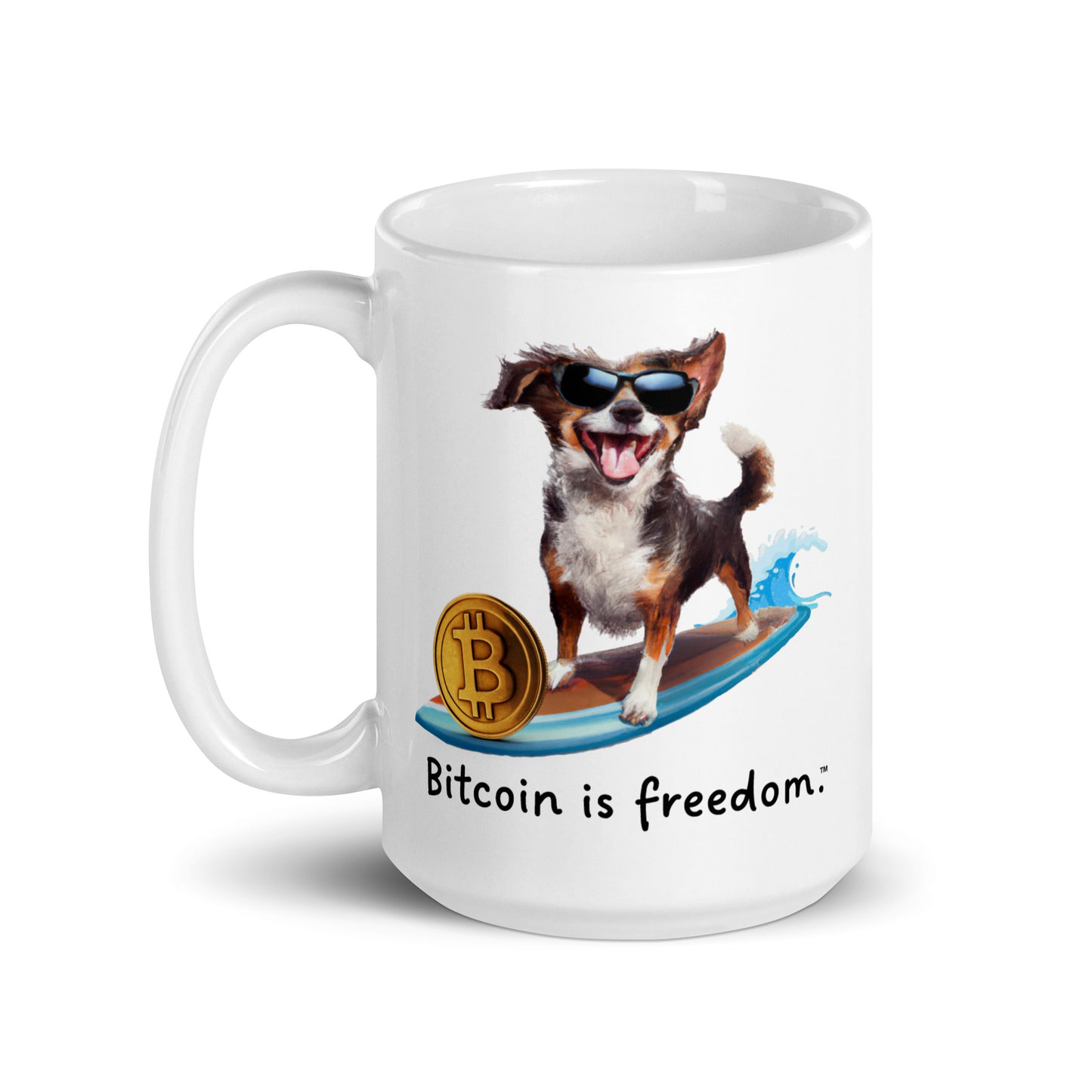 "Bitcoin is freedom" Happy Dog Surfing White Glossy Mug