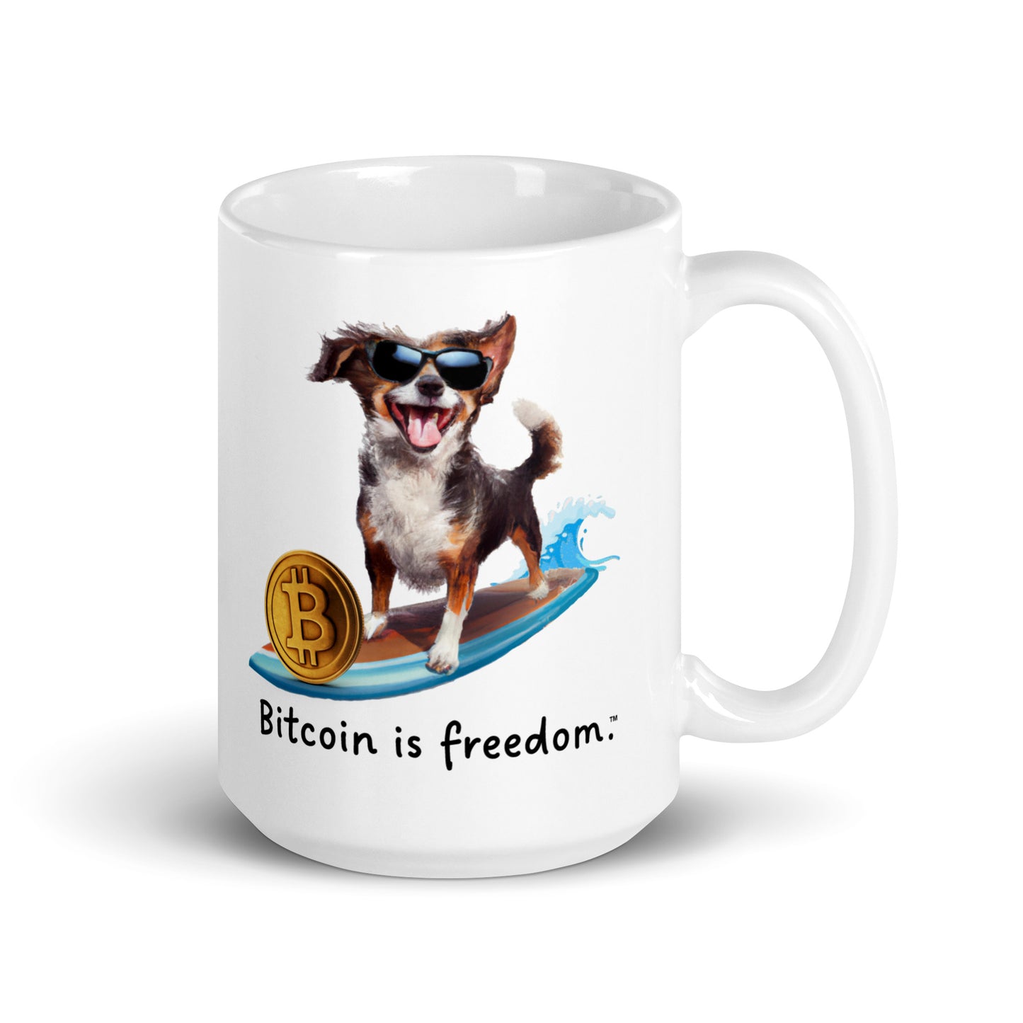 "Bitcoin is freedom" Happy Dog Surfing White Glossy Mug