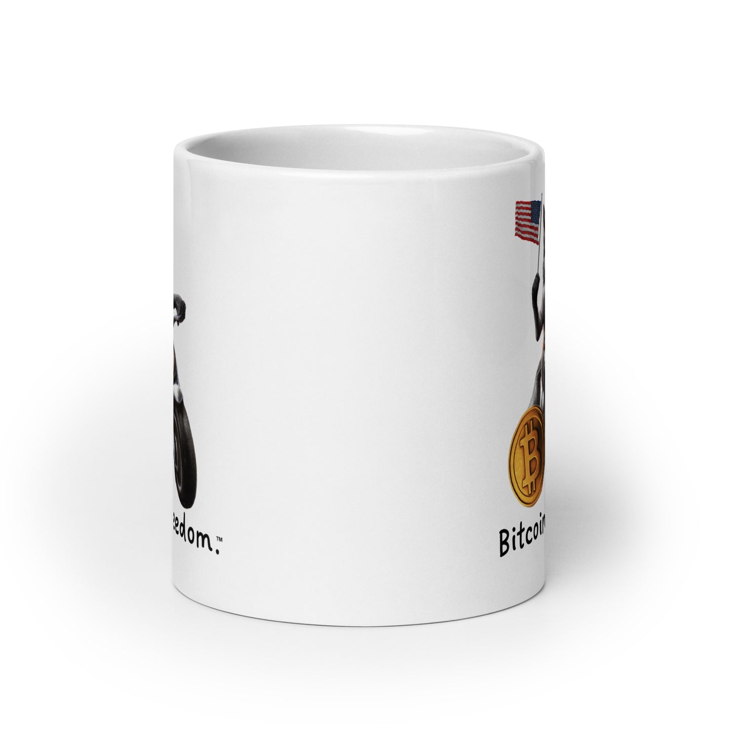 "Bitcoin is freedom" Happy Patriotic Wolf White Glossy Mug