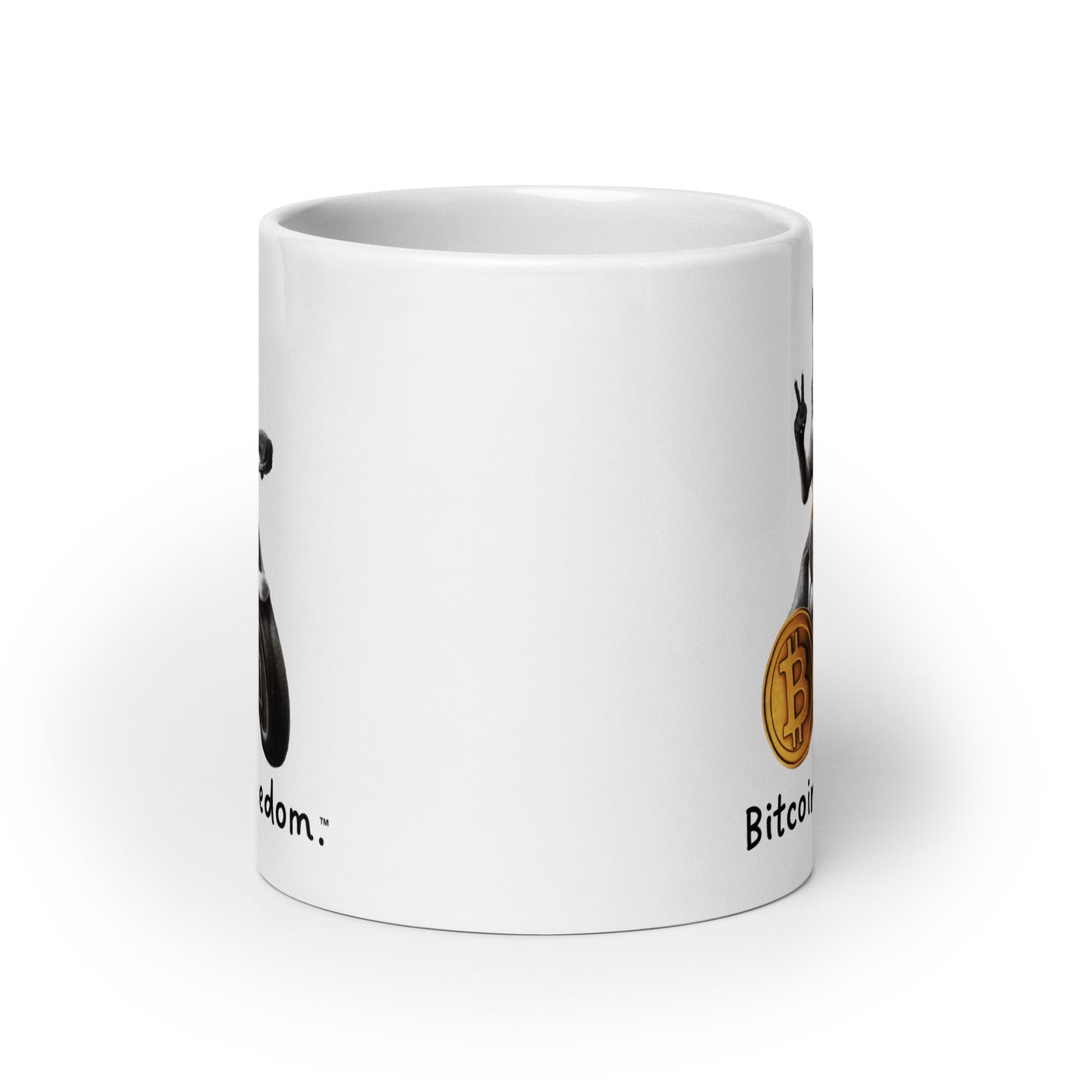 "Bitcoin is freedom" Happy Wolf White Glossy Mug