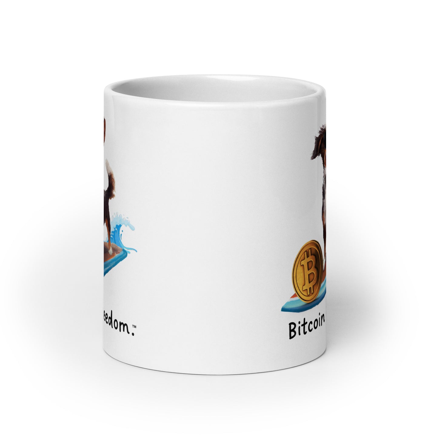 "Bitcoin is freedom" Happy Dog Surfing White Glossy Mug