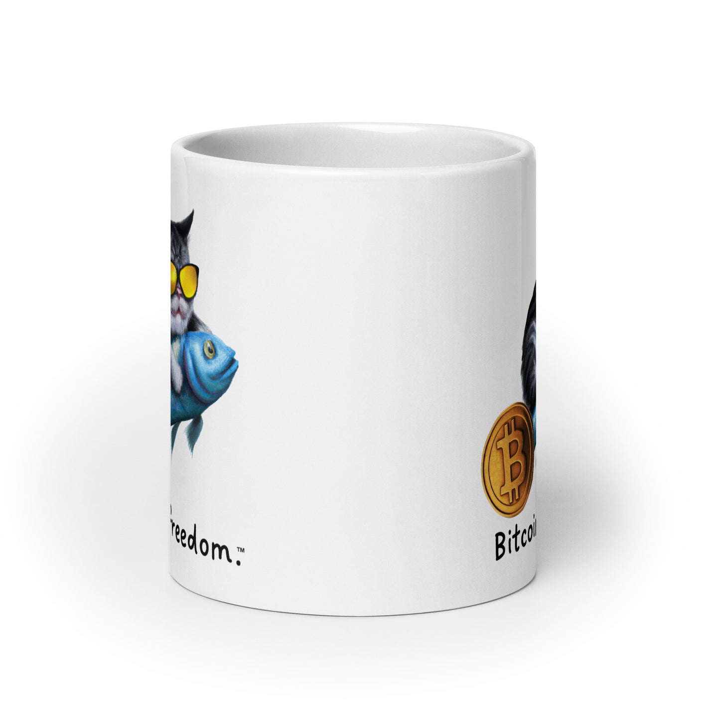 "Bitcoin is freedom" Happy Cat White Glossy Mug