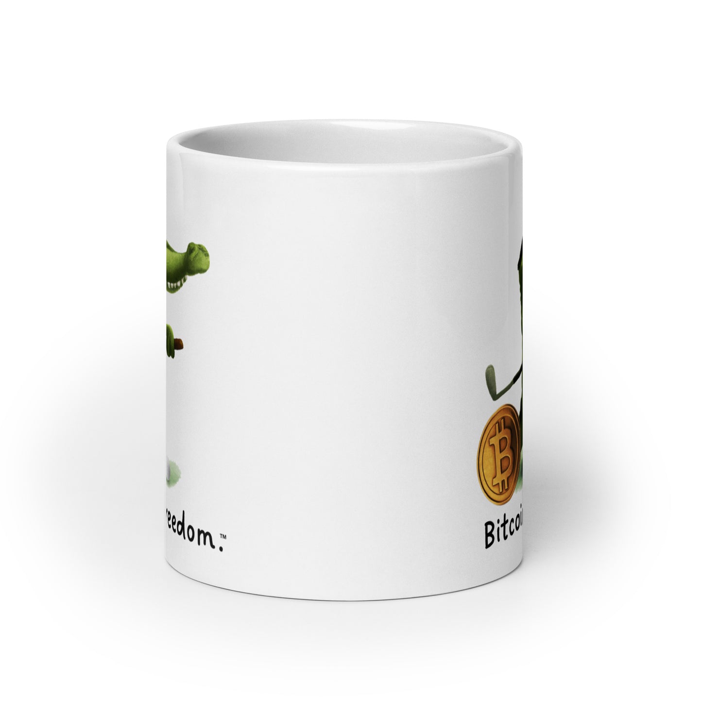 "Bitcoin is freedom" Happy Alligator White Glossy Mug