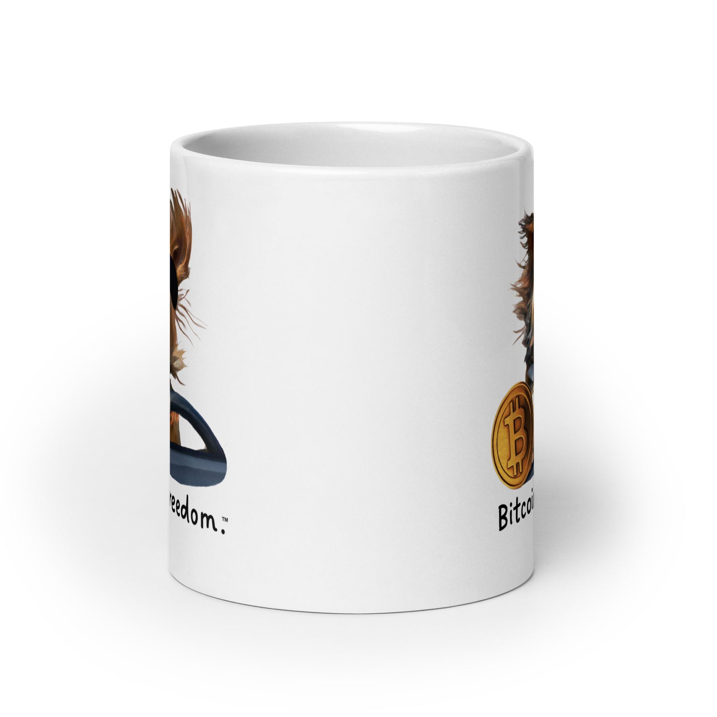 "Bitcoin is freedom" Happy Dog Driving White Glossy Mug