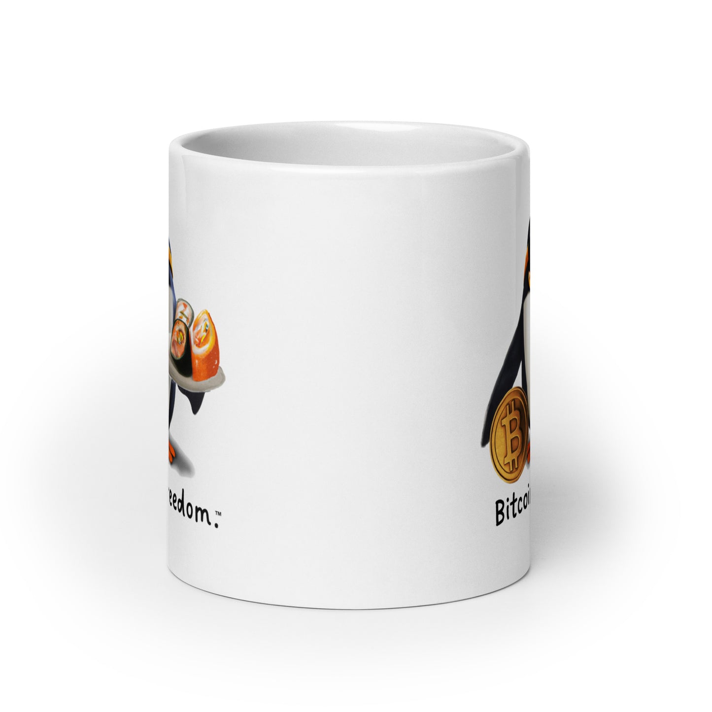 "Bitcoin is freedom" Happy Penguin White Glossy Mug