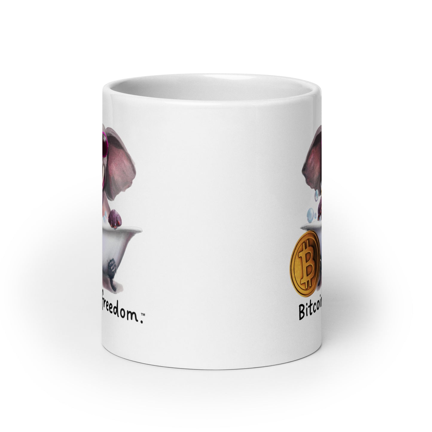 "Bitcoin is freedom" Happy Elephant White Glossy Mug
