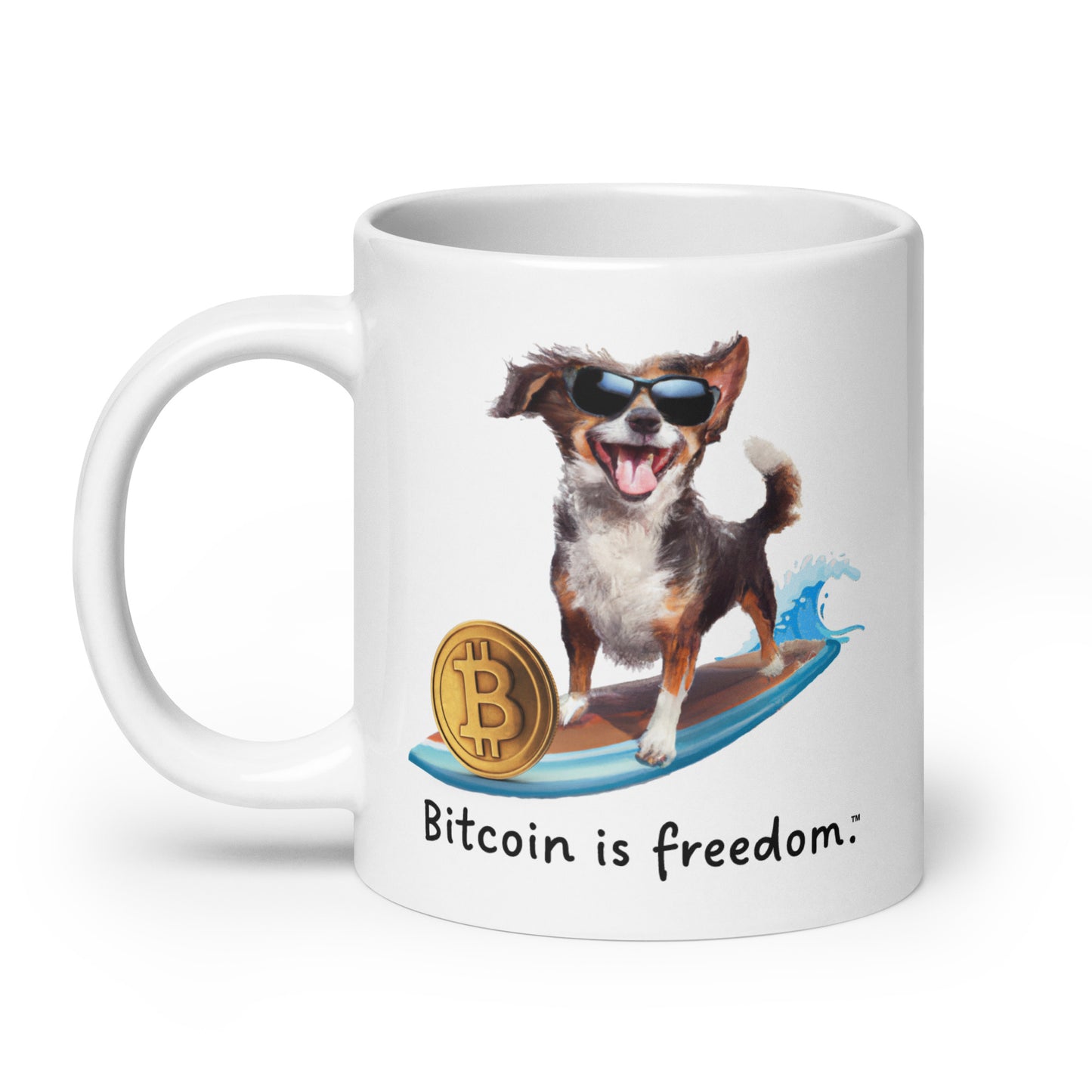 "Bitcoin is freedom" Happy Dog Surfing White Glossy Mug