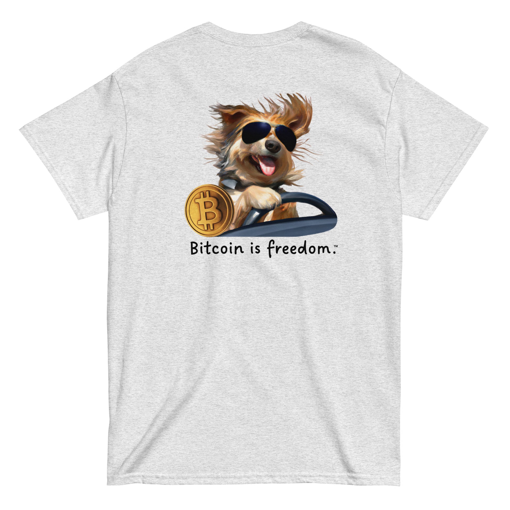 Men's ash grey color Bitcoin t-shirt with a Happy Dog Driving graphic and the ‘Bitcoin is freedom’ slogan printed on the back side of the shirt.