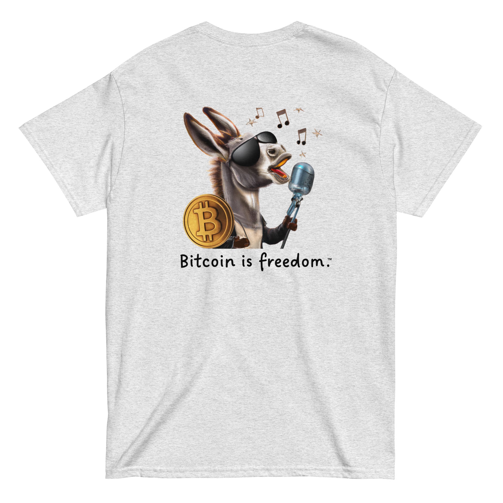 Men's ash grey color Bitcoin t-shirt with a Happy Donkey graphic and the ‘Bitcoin is freedom’ slogan printed on the back side of the shirt.