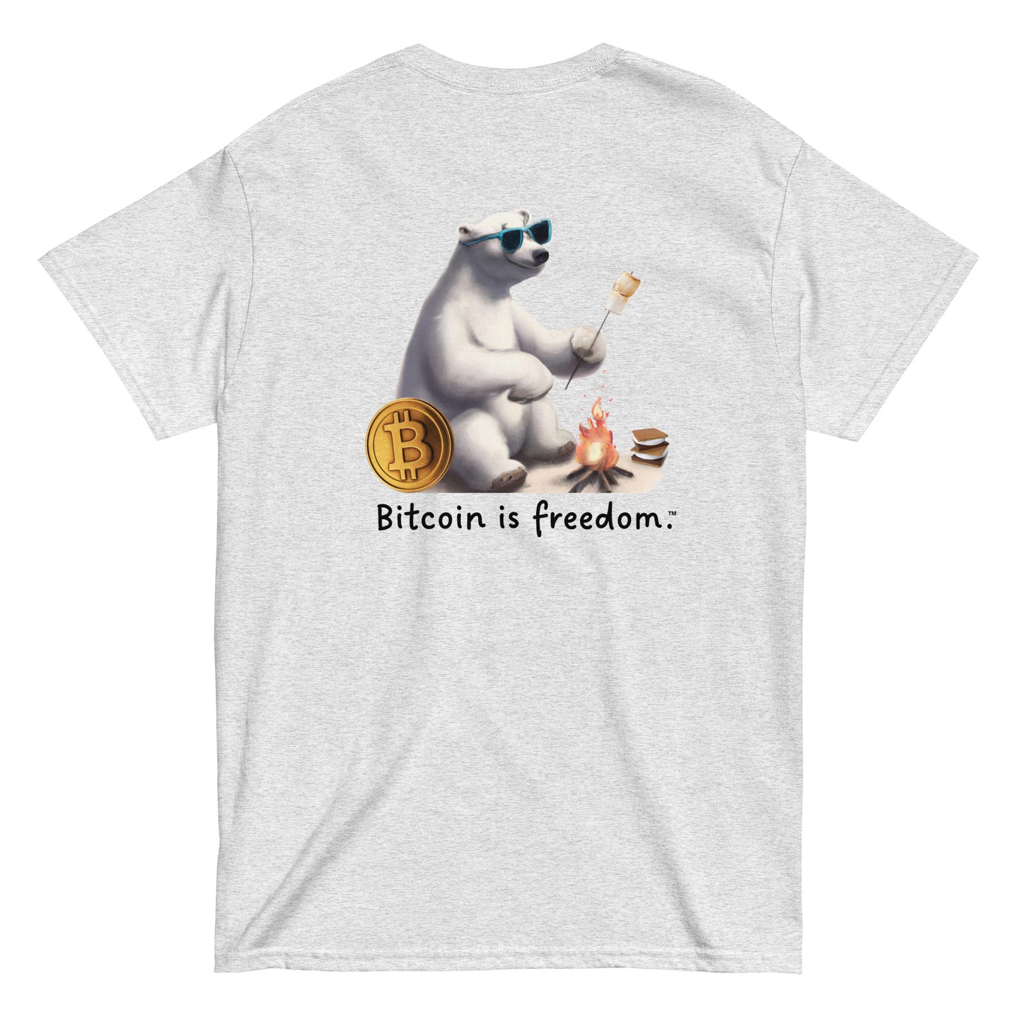 Men's ash grey color Bitcoin t-shirt with a Happy Polar Bear graphic and the ‘Bitcoin is freedom’ slogan printed on the back side of the shirt.