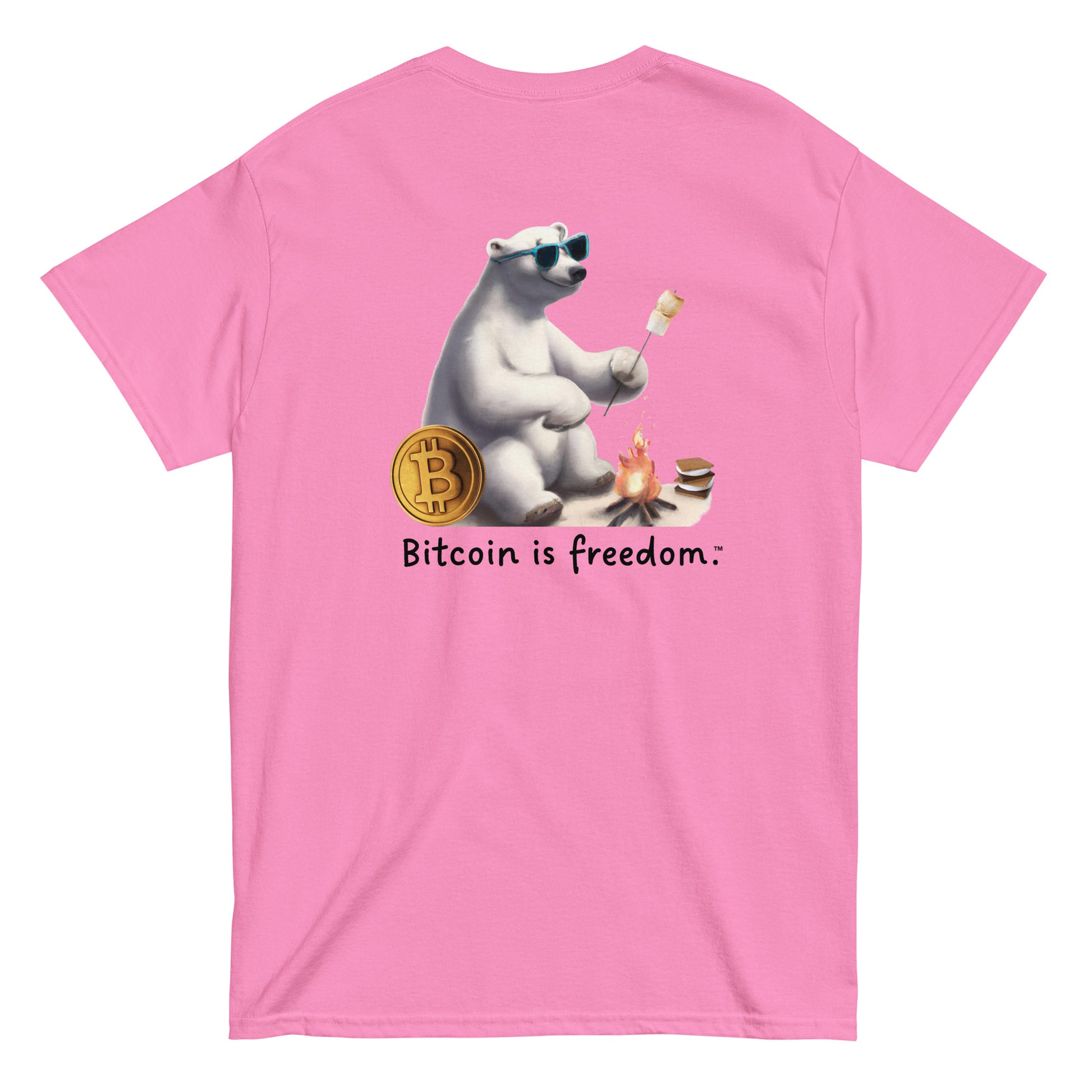 Men's azalea pink color Bitcoin t-shirt with a Happy Polar Bear graphic and the ‘Bitcoin is freedom’ slogan printed on the back side of the shirt.