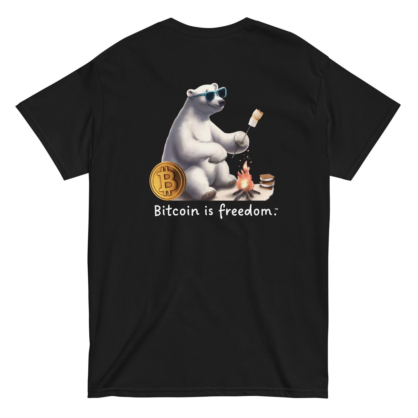 Men's black color Bitcoin t-shirt with a Happy Polar Bear graphic and the ‘Bitcoin is freedom’ slogan printed on the back side of the shirt.