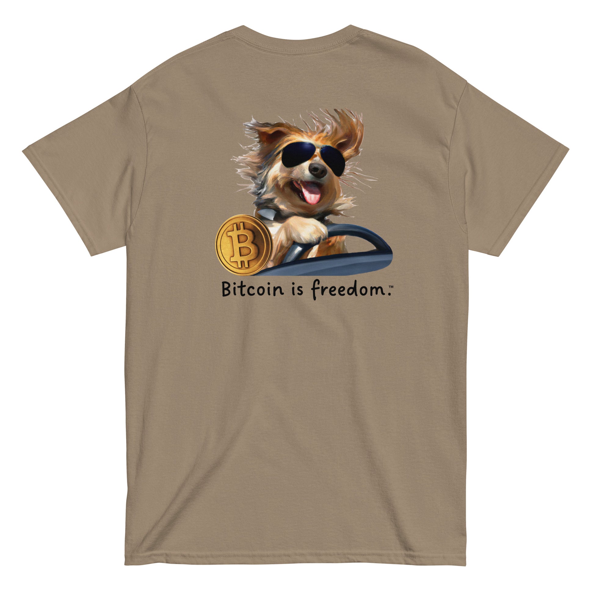 Men's brown savana color Bitcoin t-shirt with a Happy Dog Driving graphic and the ‘Bitcoin is freedom’ slogan printed on the back side of the shirt.