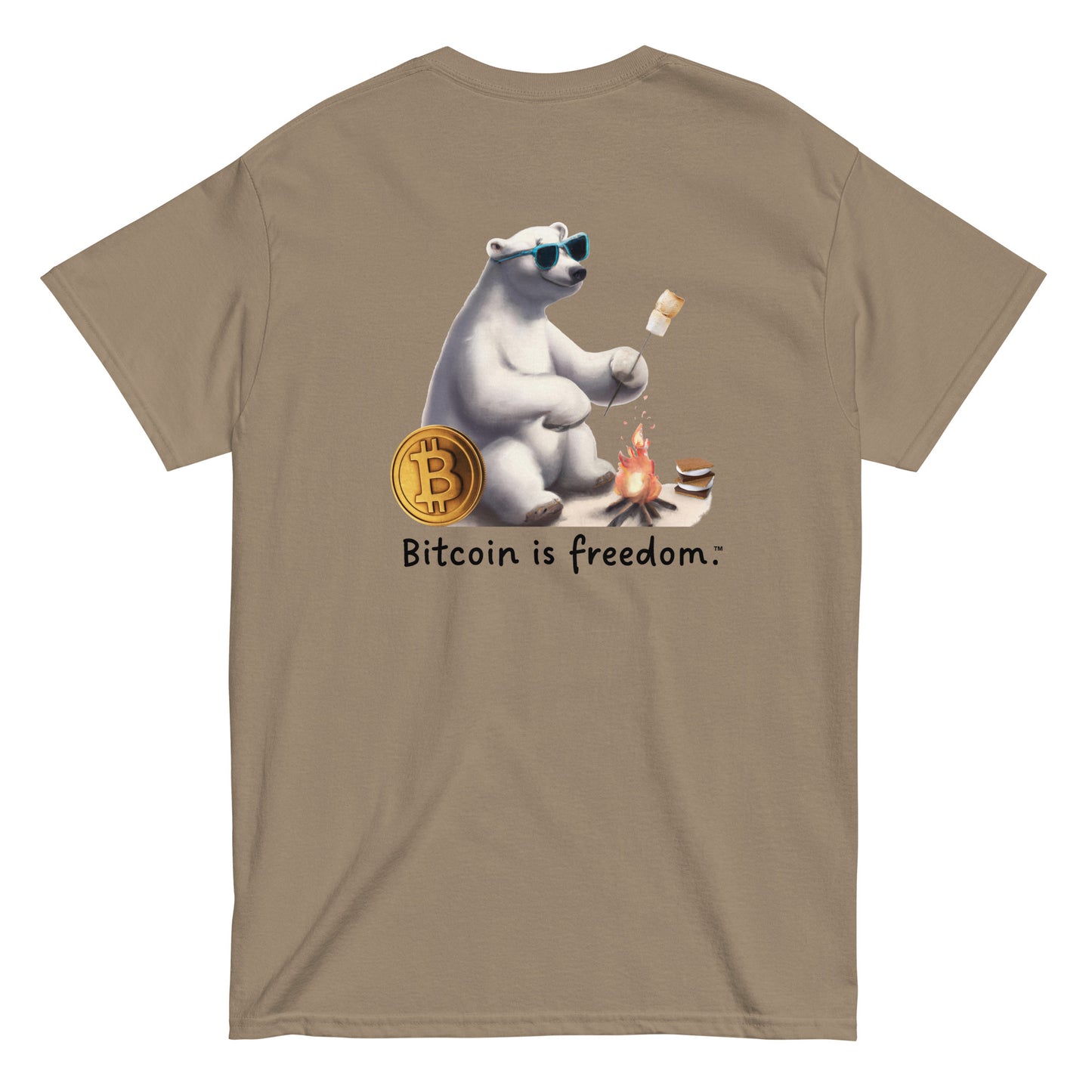 Men's brown savana color Bitcoin t-shirt with a Happy Polar Bear graphic and the ‘Bitcoin is freedom’ slogan printed on the back side of the shirt.