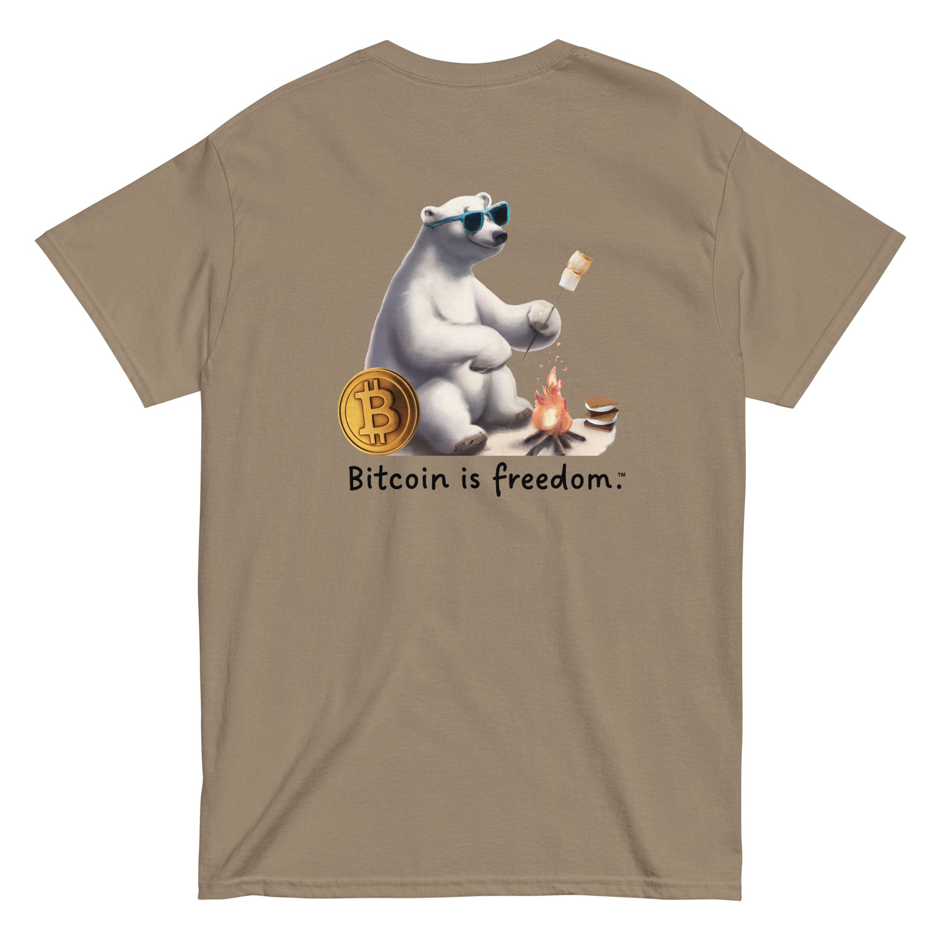 Men's brown savana color Bitcoin t-shirt with a Happy Polar Bear graphic and the ‘Bitcoin is freedom’ slogan printed on the back side of the shirt.
