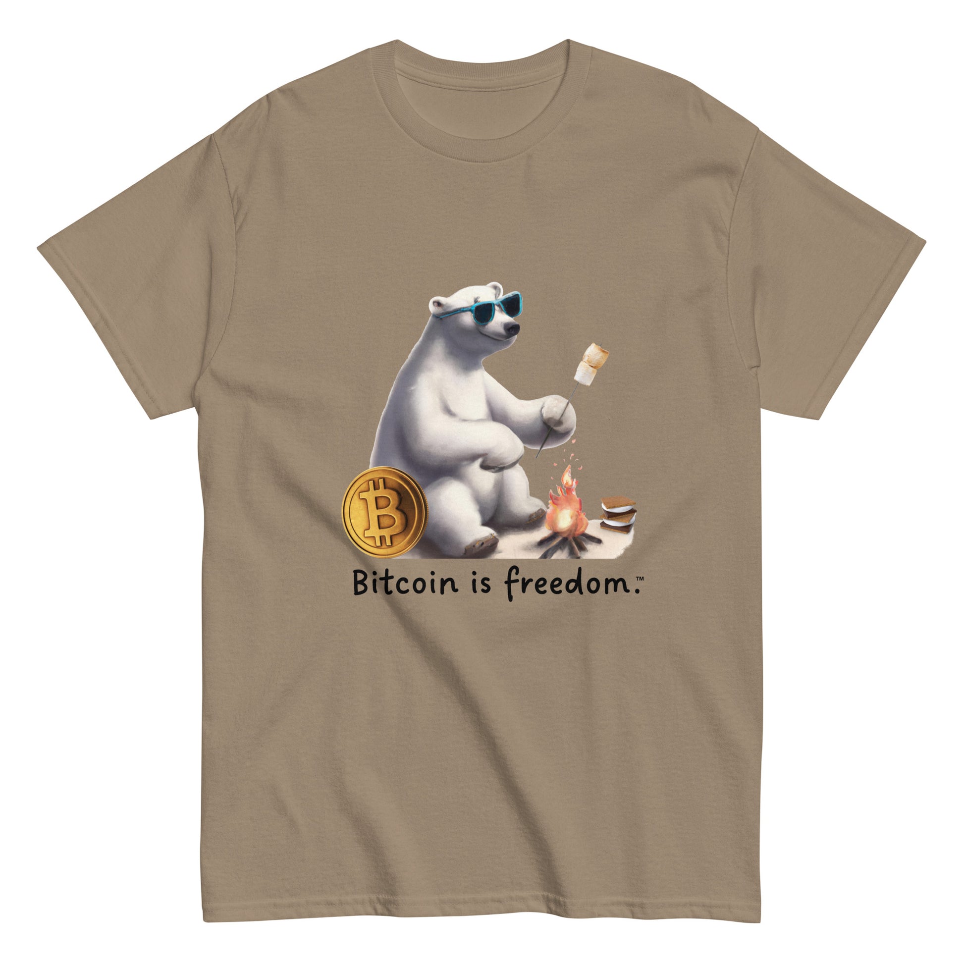 Men's brown savana color Bitcoin t-shirt with a Happy Polar Bear graphic and the ‘Bitcoin is freedom’ slogan printed on the front side of the shirt.