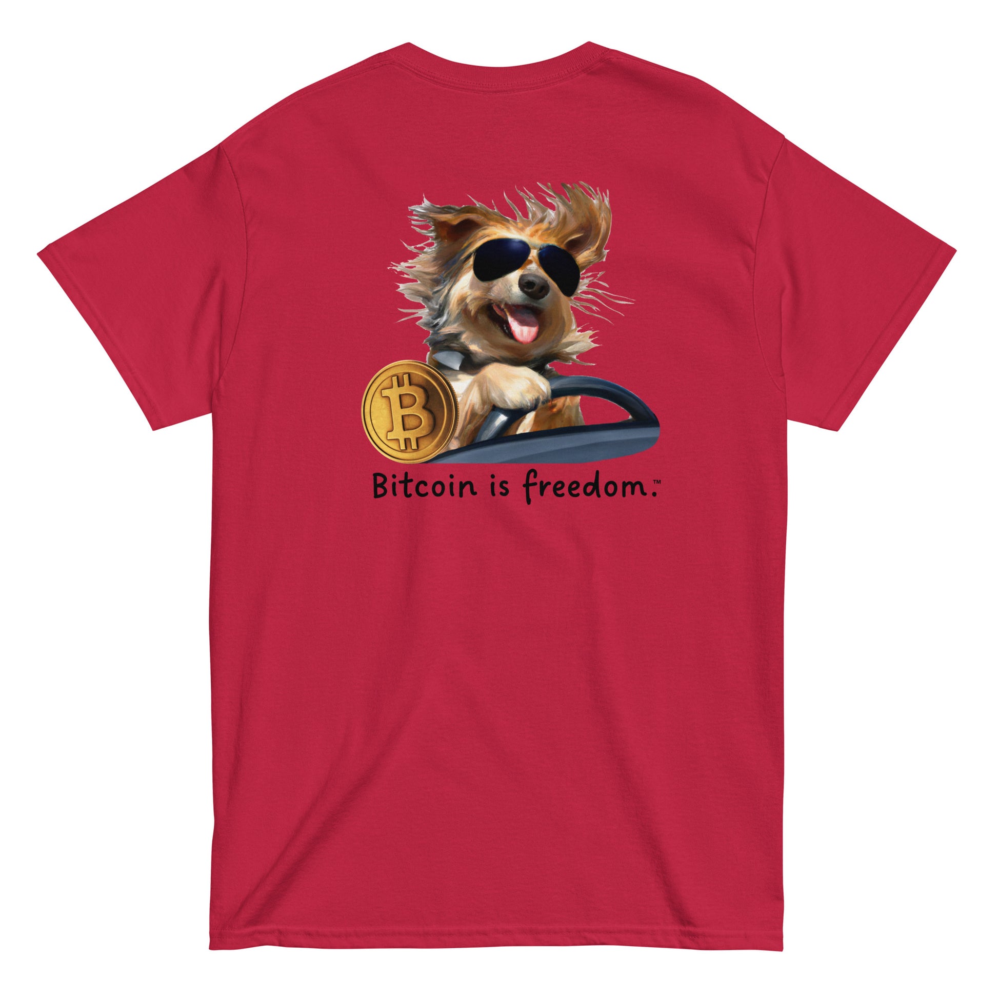 Men's cardinal red color Bitcoin t-shirt with a Happy Dog Driving graphic and the ‘Bitcoin is freedom’ slogan printed on the back side of the shirt.