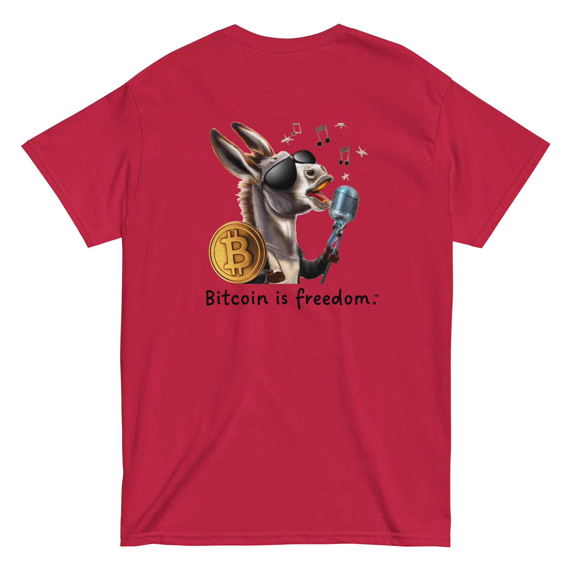 Men's cardinal red color Bitcoin t-shirt with a Happy Donkey graphic and the ‘Bitcoin is freedom’ slogan printed on the back side of the shirt.