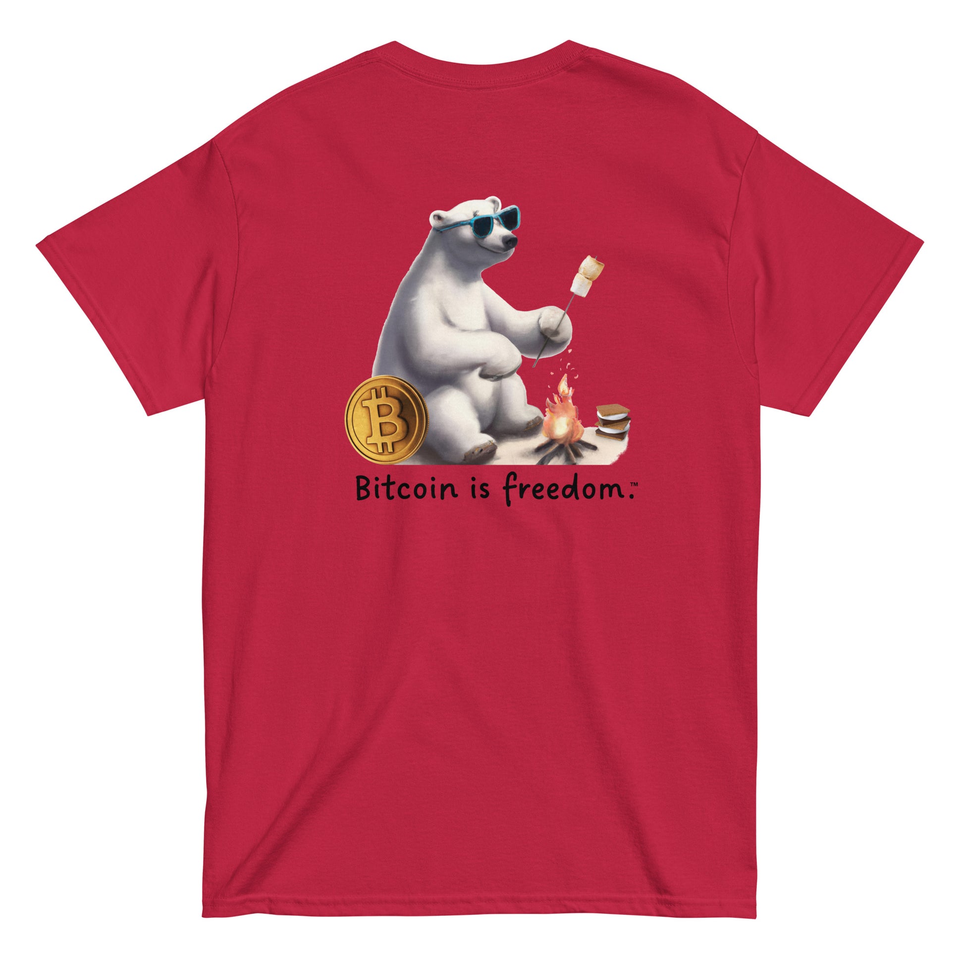 Men's cardinal red color Bitcoin t-shirt with a Happy Polar Bear graphic and the ‘Bitcoin is freedom’ slogan printed on the back side of the shirt.