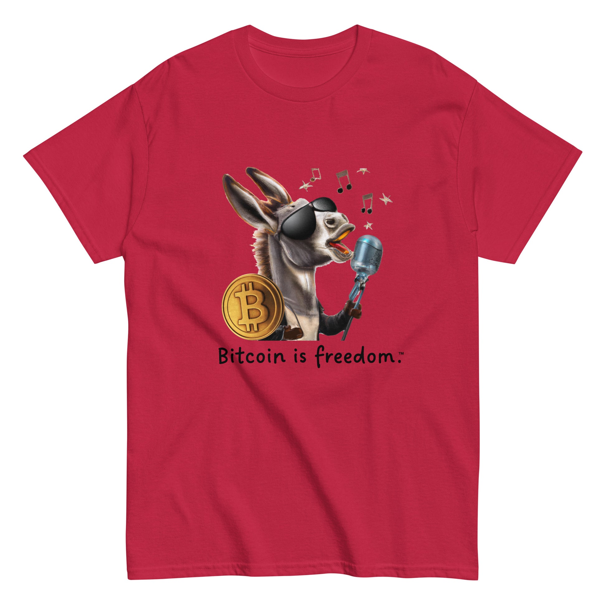 Men's cardinal red color Bitcoin t-shirt with a Happy Donkey graphic and the ‘Bitcoin is freedom’ slogan printed on the front side of the shirt.