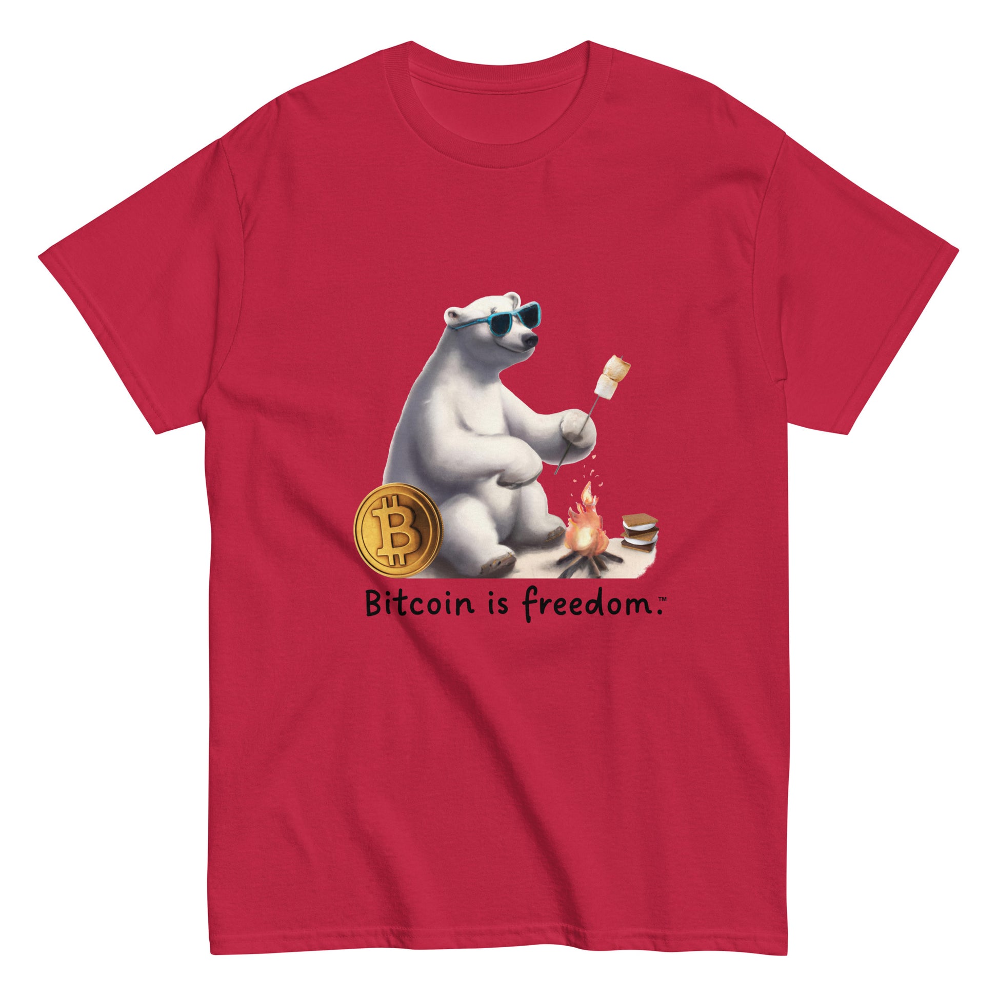 Men's cardinal red color Bitcoin t-shirt with a Happy Polar Bear graphic and the ‘Bitcoin is freedom’ slogan printed on the front side of the shirt.