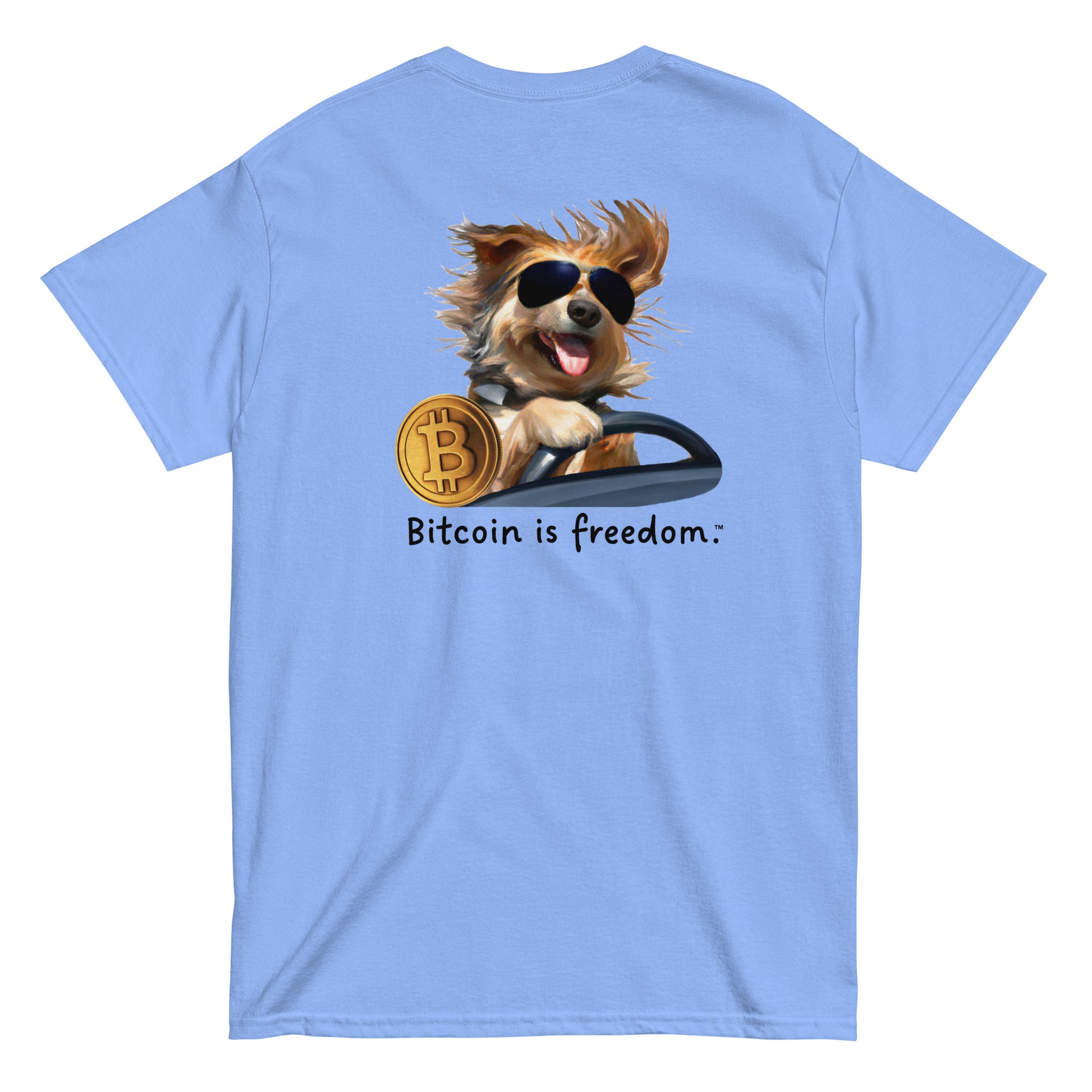 Men's carolina blue color Bitcoin t-shirt with a Happy Dog Driving graphic and the ‘Bitcoin is freedom’ slogan printed on the back side of the shirt.