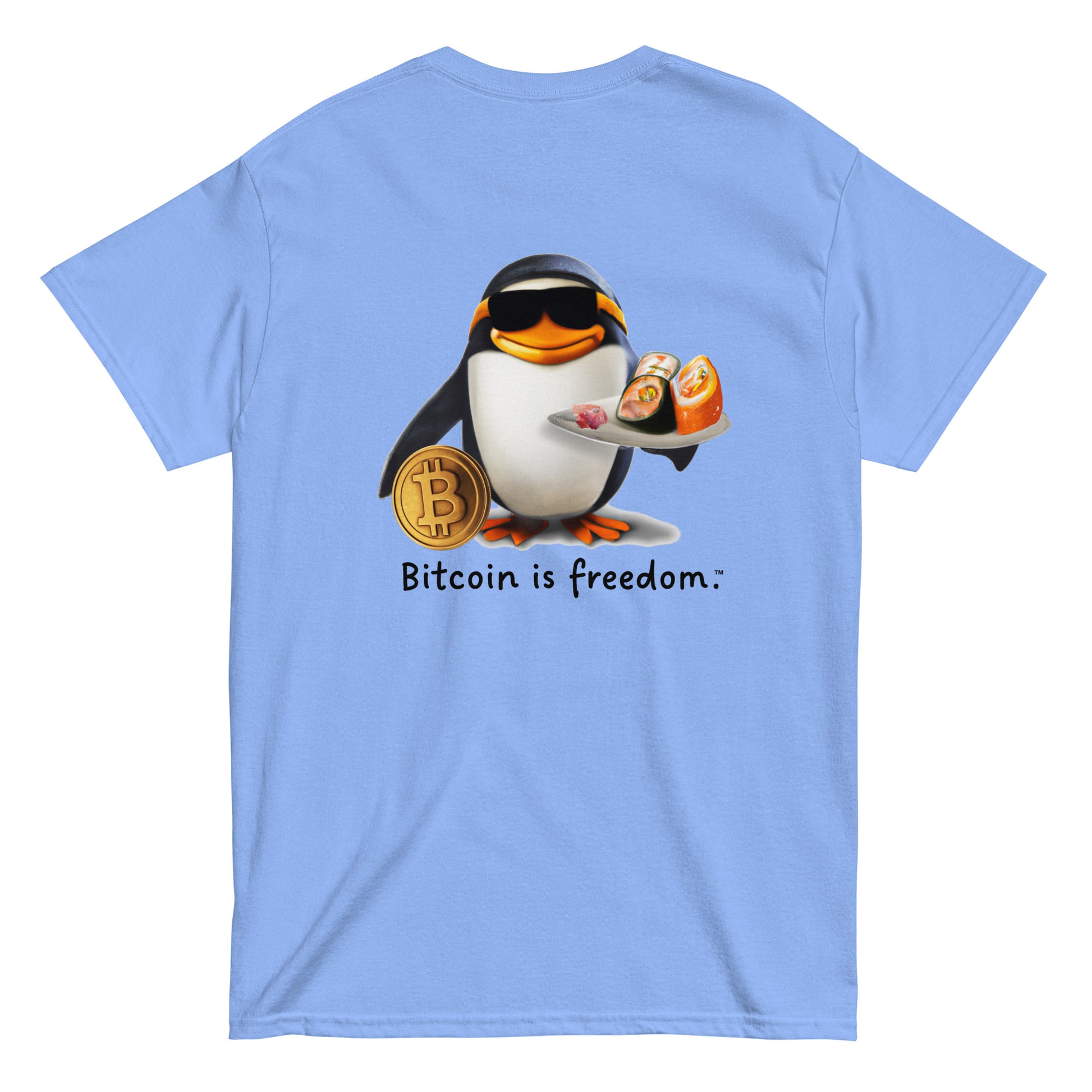Men's carolina blue color Bitcoin t-shirt with a Happy Penguin graphic and the ‘Bitcoin is freedom’ slogan printed on the back side of the shirt.