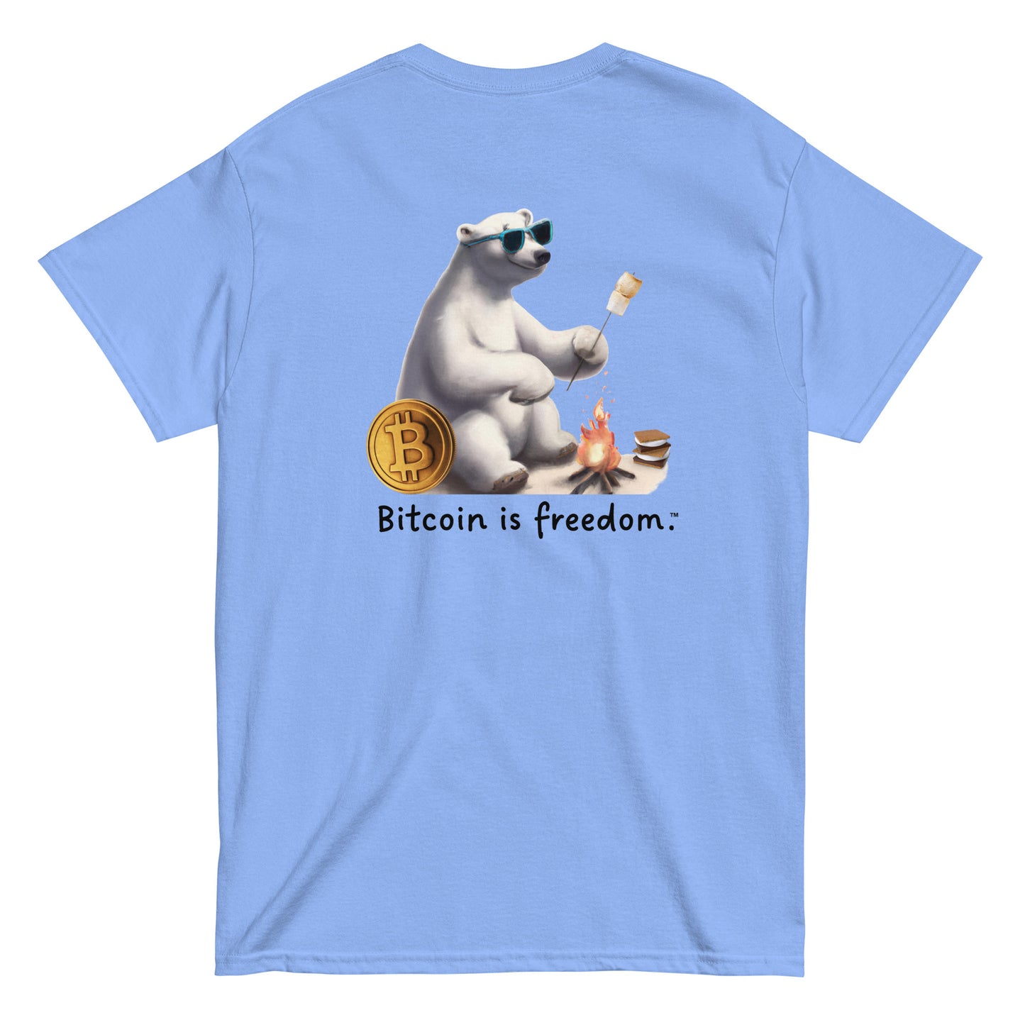 Men's caroline blue color Bitcoin t-shirt with a Happy Polar Bear graphic and the ‘Bitcoin is freedom’ slogan printed on the back side of the shirt.