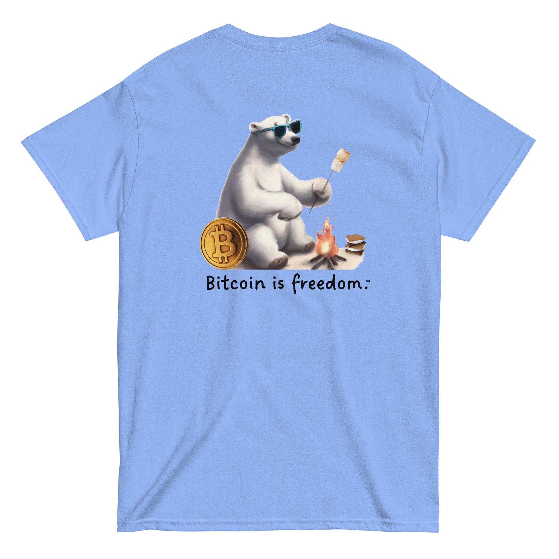 Men's caroline blue color Bitcoin t-shirt with a Happy Polar Bear graphic and the ‘Bitcoin is freedom’ slogan printed on the back side of the shirt.