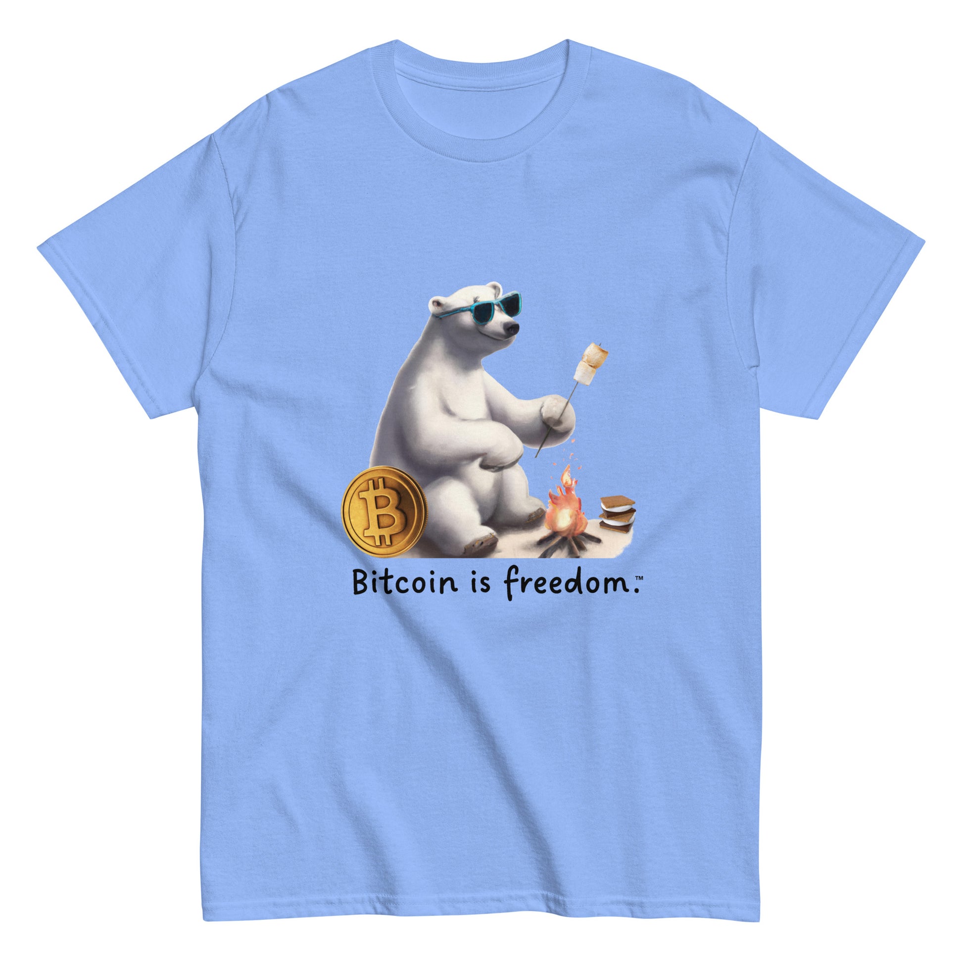 Men's carolina blue color Bitcoin t-shirt with a Happy Polar Bear graphic and the ‘Bitcoin is freedom’ slogan printed on the front side of the shirt.