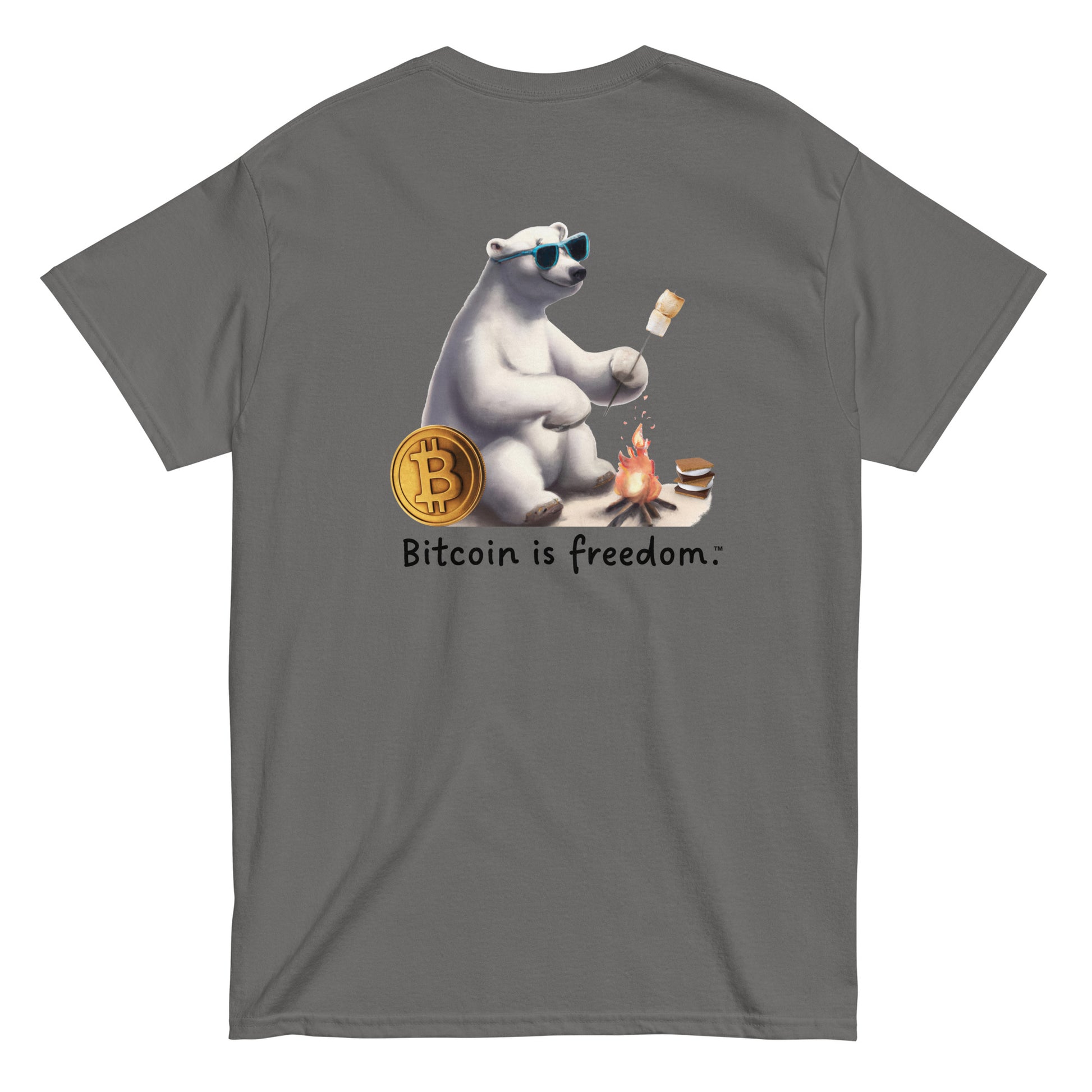Men's charcoal grey color Bitcoin t-shirt with a Happy Polar Bear graphic and the ‘Bitcoin is freedom’ slogan printed on the back side of the shirt.