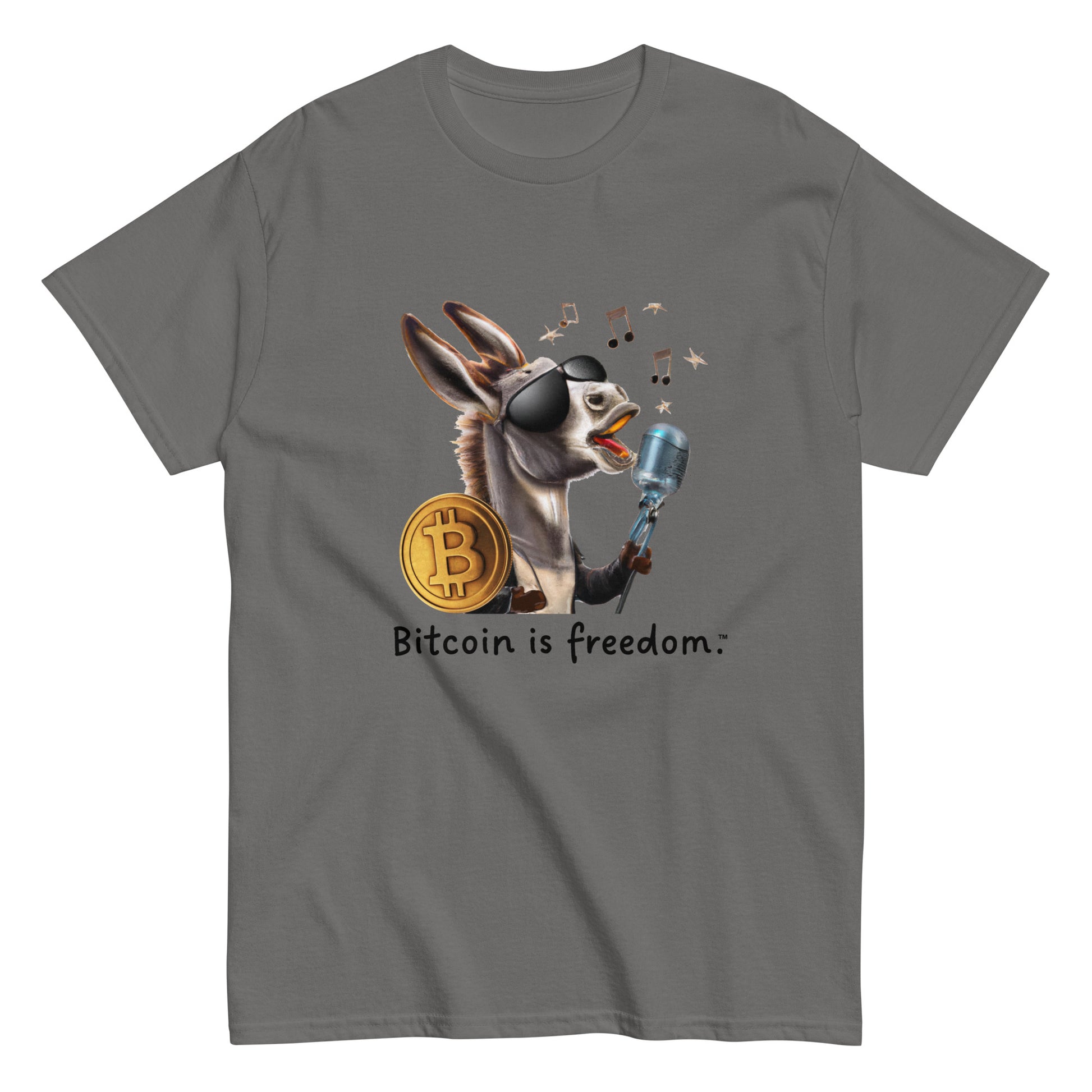 Men's charcoal grey color Bitcoin t-shirt with a Happy Donkey graphic and the ‘Bitcoin is freedom’ slogan printed on the front side of the shirt.