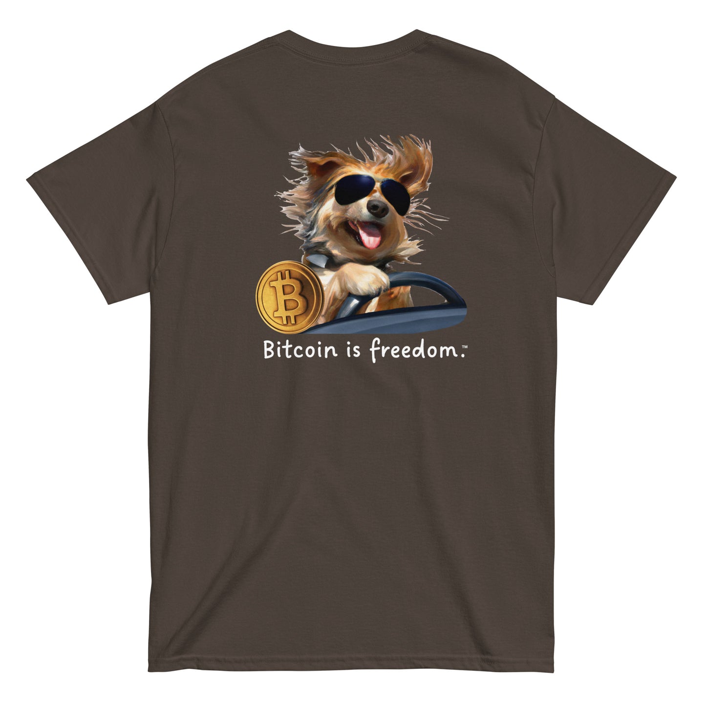 Men's dark chocolate brown color Bitcoin t-shirt with a Happy Dog Driving graphic and the ‘Bitcoin is freedom’ slogan printed on the back side of the shirt.
