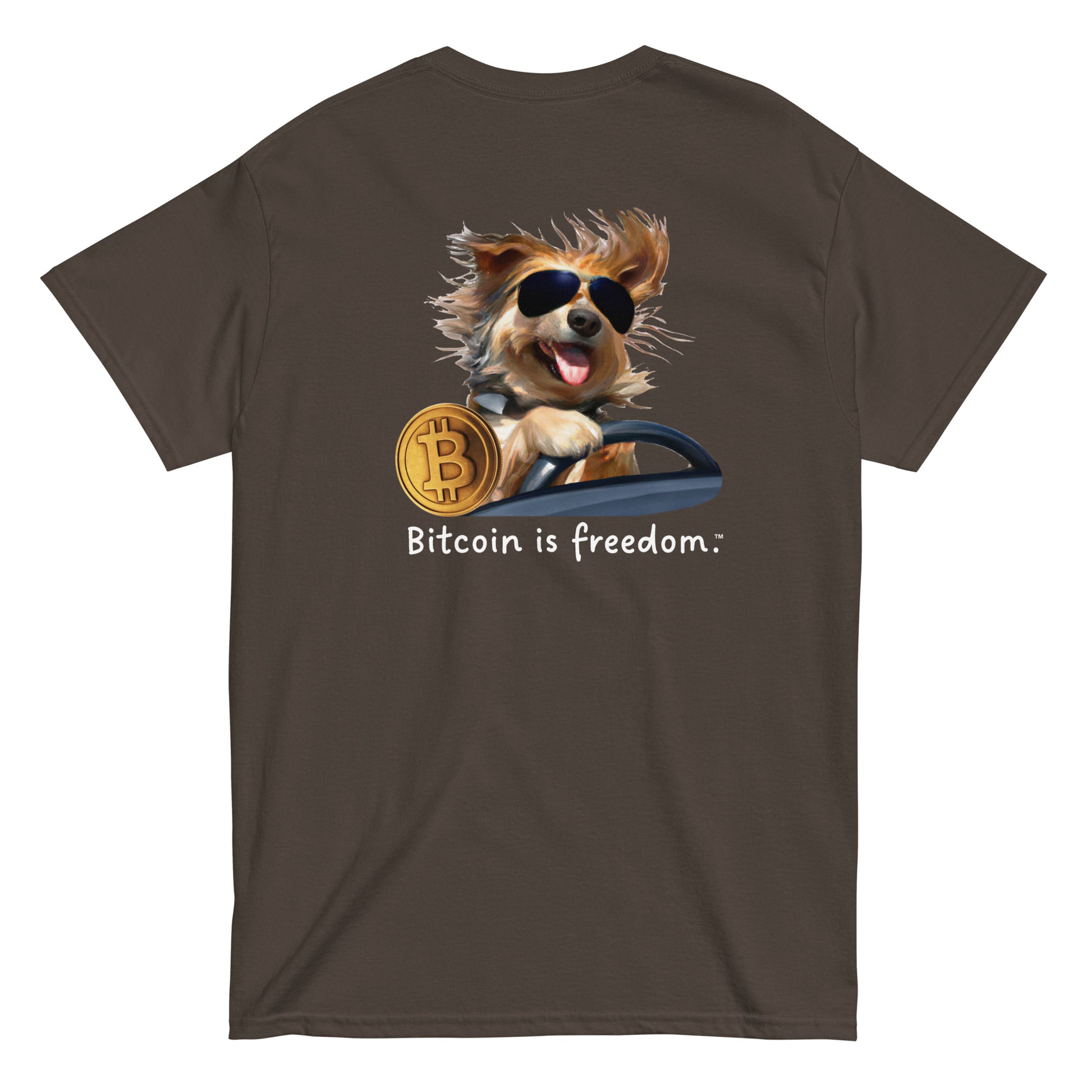 Men's dark chocolate brown color Bitcoin t-shirt with a Happy Dog Driving graphic and the ‘Bitcoin is freedom’ slogan printed on the back side of the shirt.