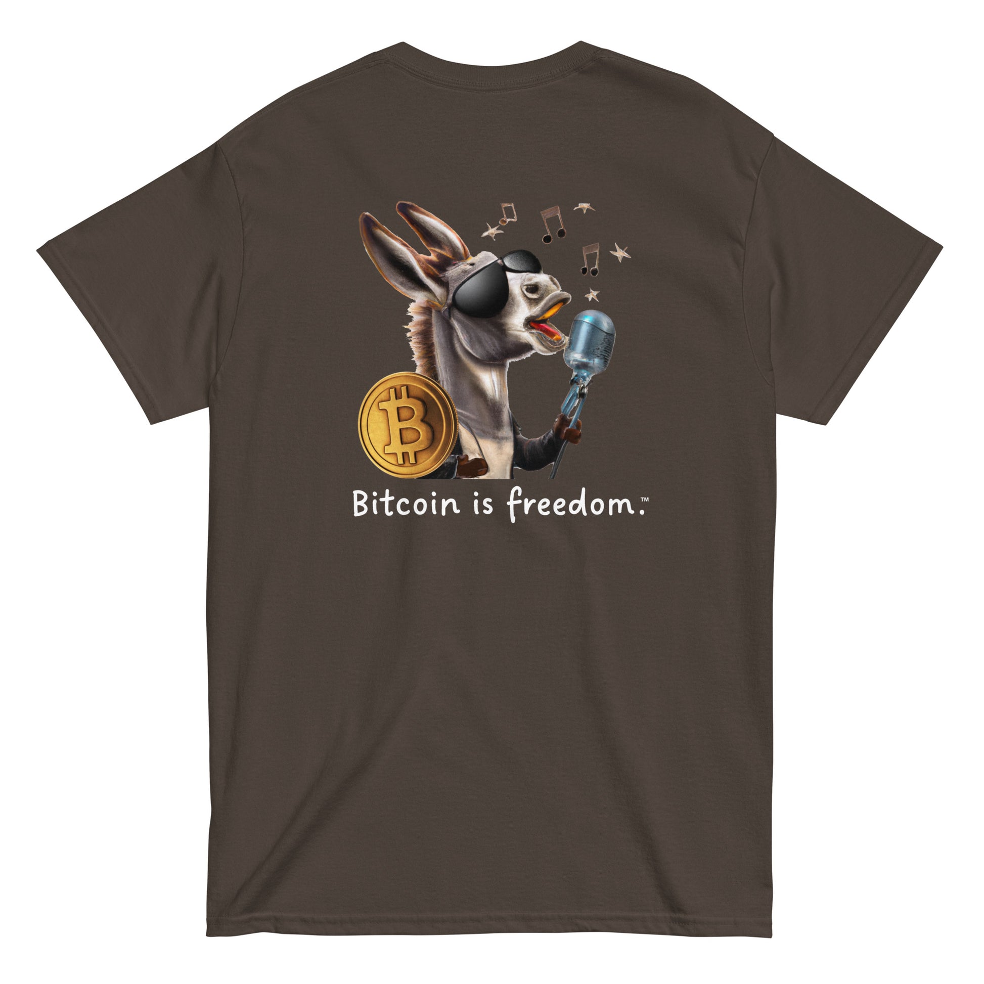 Men's dark chocolate brown color Bitcoin t-shirt with a Happy Donkey graphic and the ‘Bitcoin is freedom’ slogan printed on the back side of the shirt.