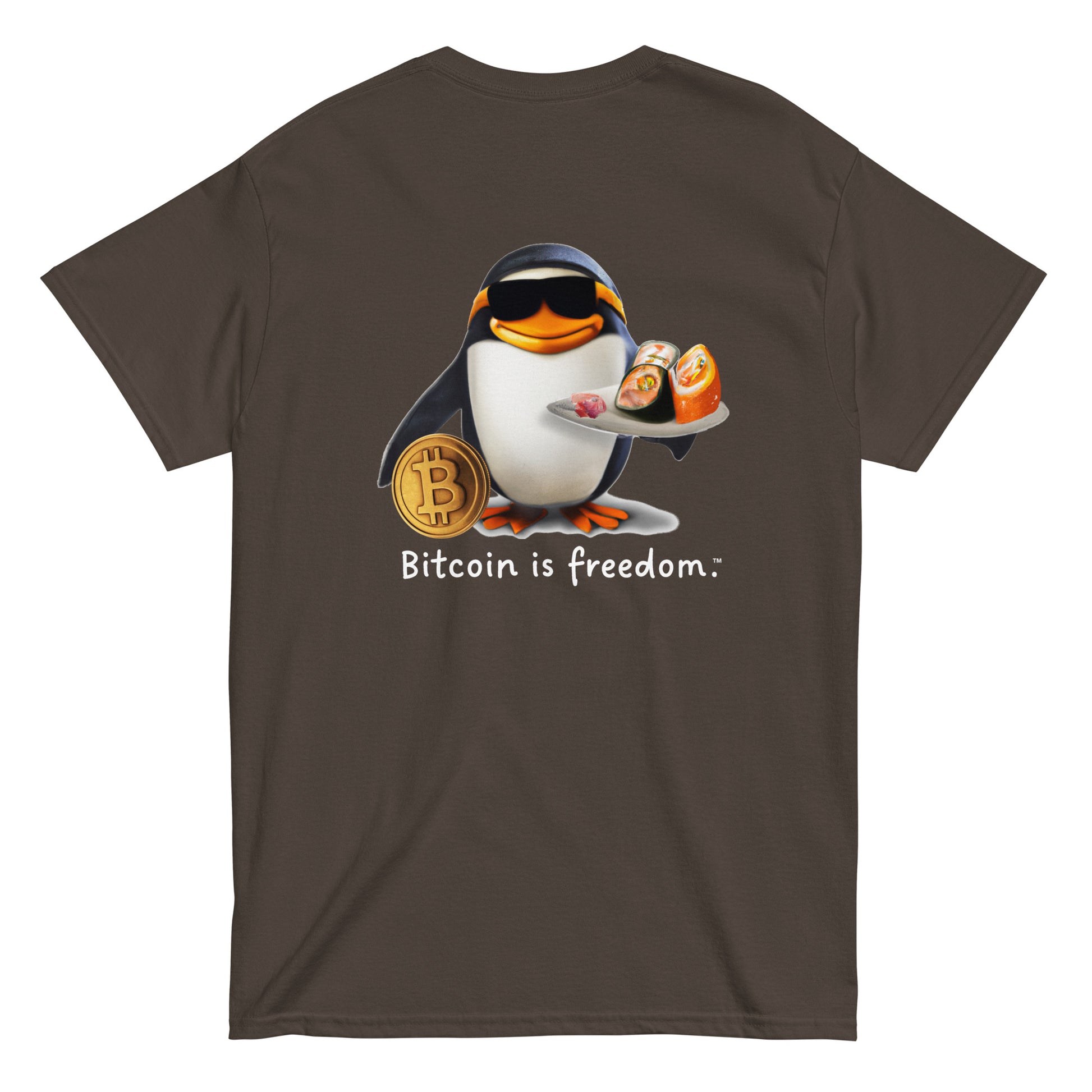 Men's dark chocolate brown color Bitcoin t-shirt with a Happy Penguin graphic and the ‘Bitcoin is freedom’ slogan printed on the back side of the shirt.