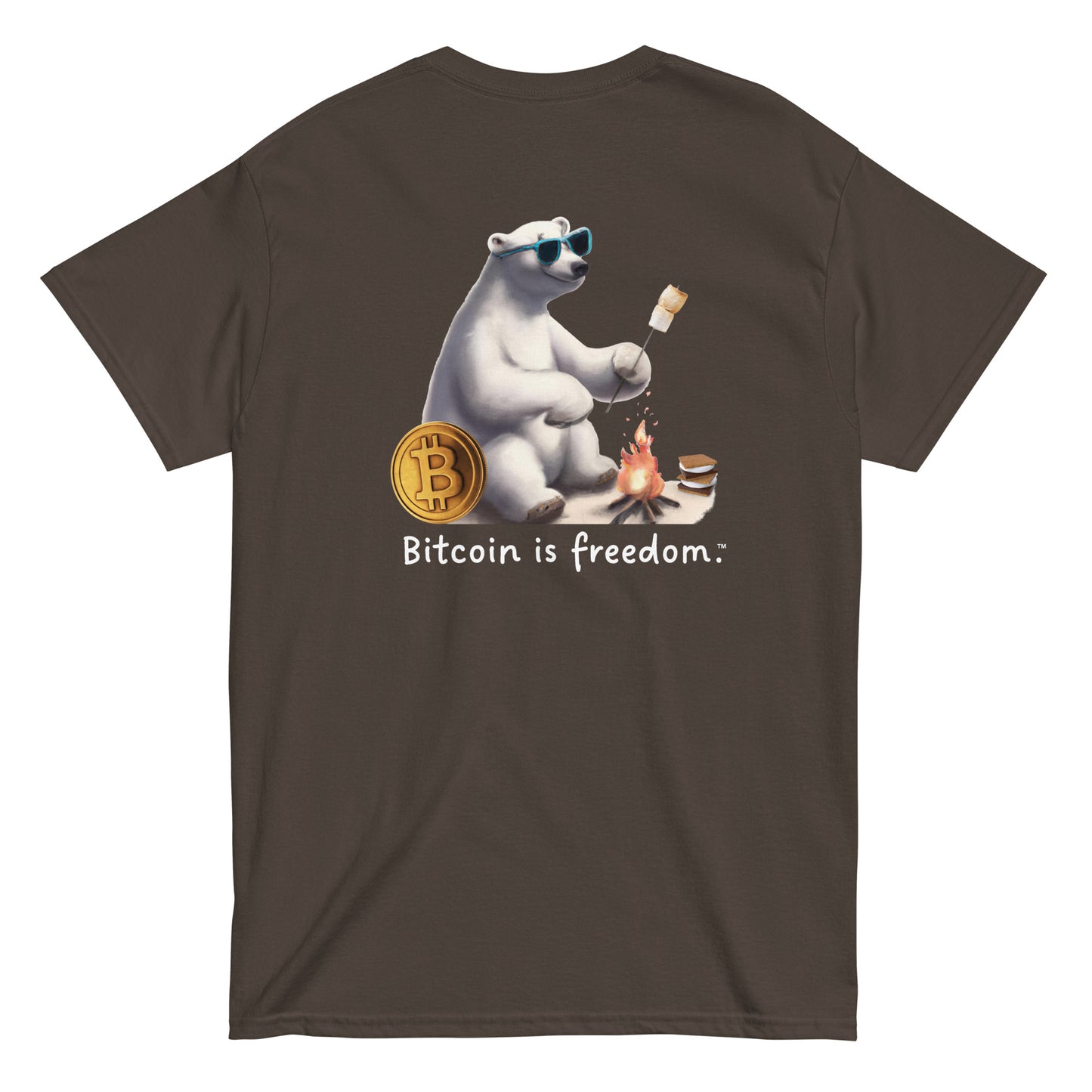 Men's dark chocolate color Bitcoin t-shirt with a Happy Polar Bear graphic and the ‘Bitcoin is freedom’ slogan printed on the back side of the shirt.