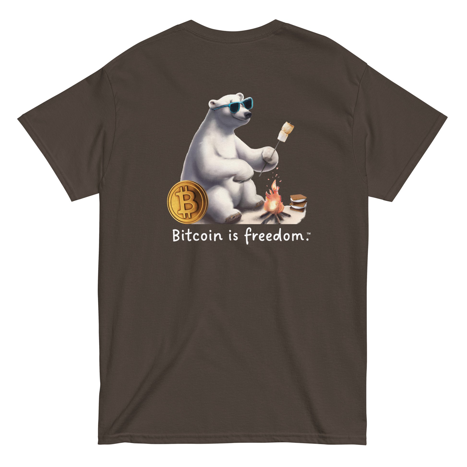 Men's dark chocolate color Bitcoin t-shirt with a Happy Polar Bear graphic and the ‘Bitcoin is freedom’ slogan printed on the back side of the shirt.