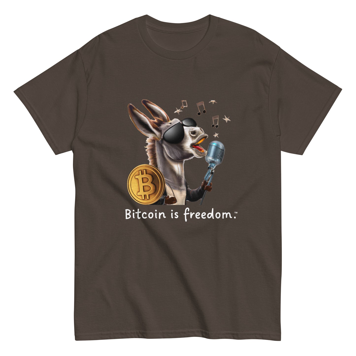 Men's dark chocolate color Bitcoin t-shirt with a Happy Donkey graphic and the ‘Bitcoin is freedom’ slogan printed on the front side of the shirt.